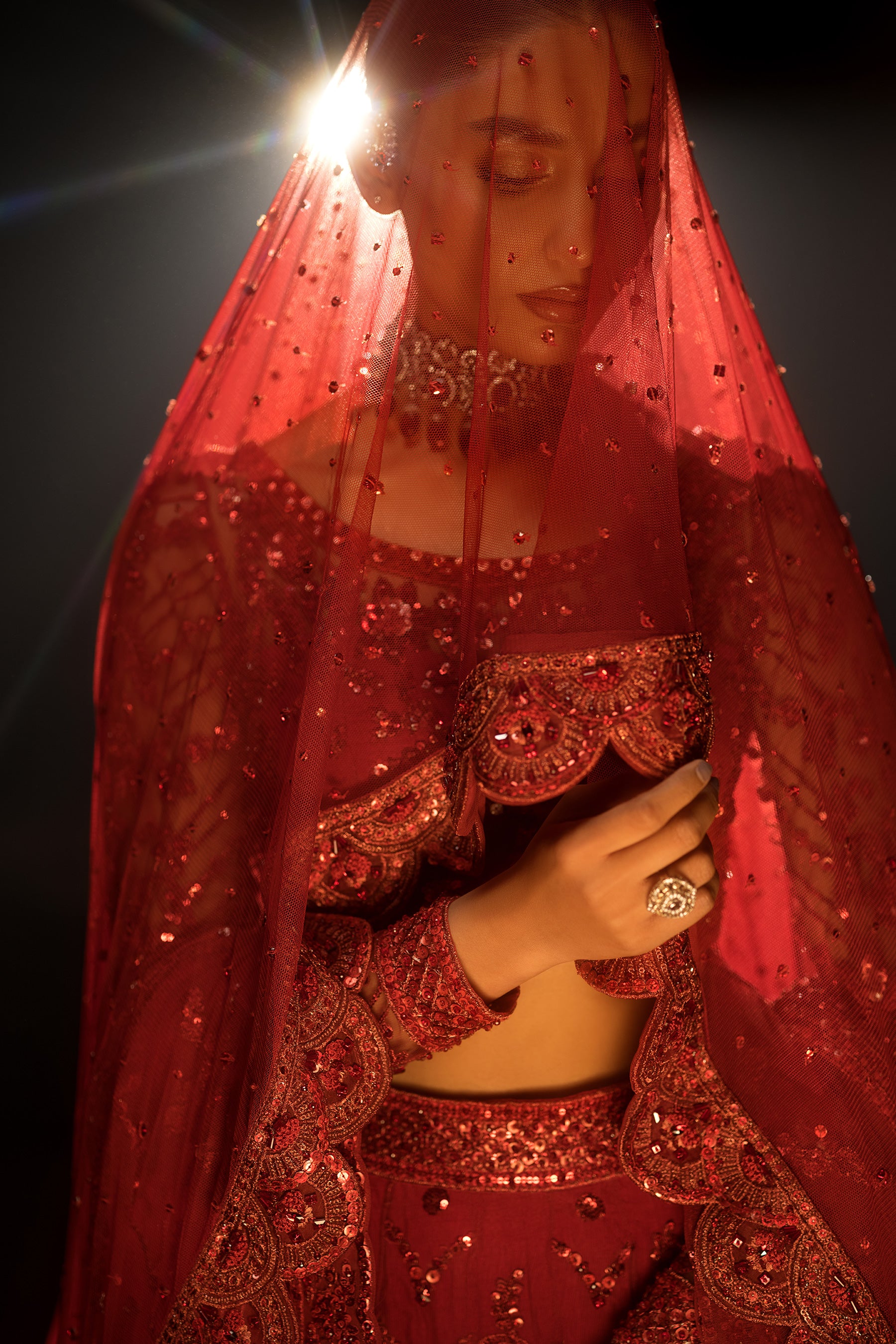 Red Embellished Net Lehenga Choli (5-Piece) - Image 3