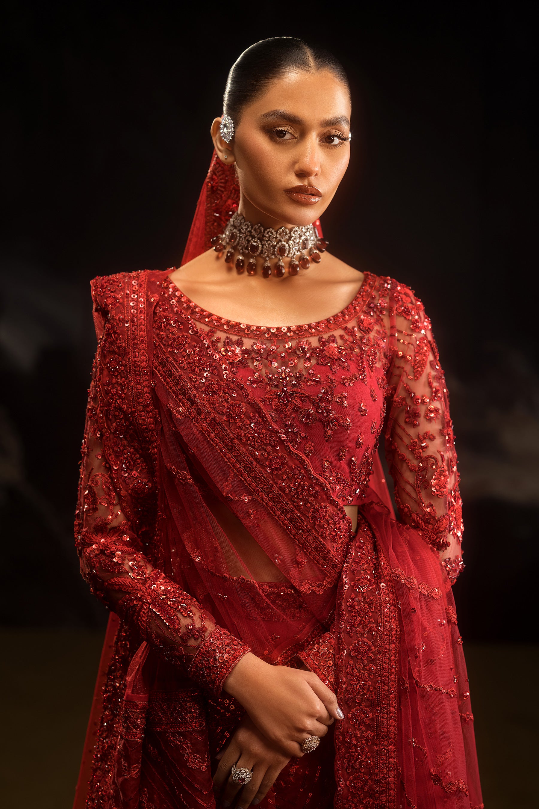 Red Embellished Net Lehenga Choli (5-Piece) - Image 5