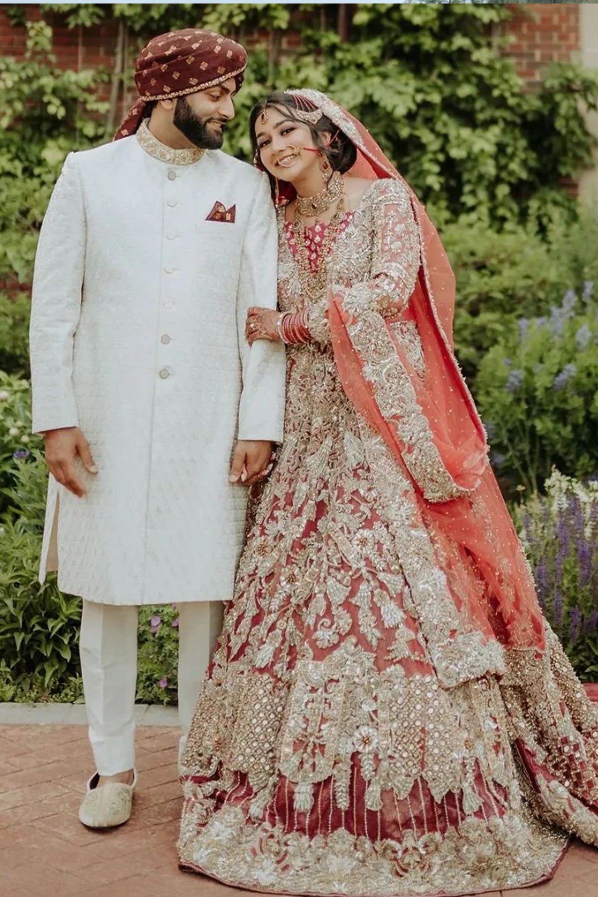 Pakistani Deep Red Embellished Net Organza Bridal Lehenga (3-Piece) - Image 1