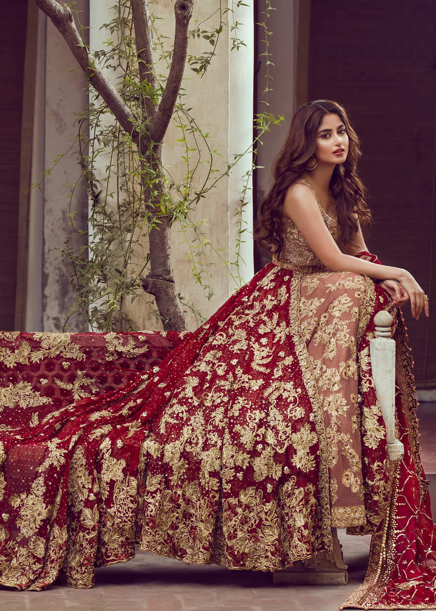 Deep Red Gold Embroidered Bridal Lehenga (3-Piece) - Image 1