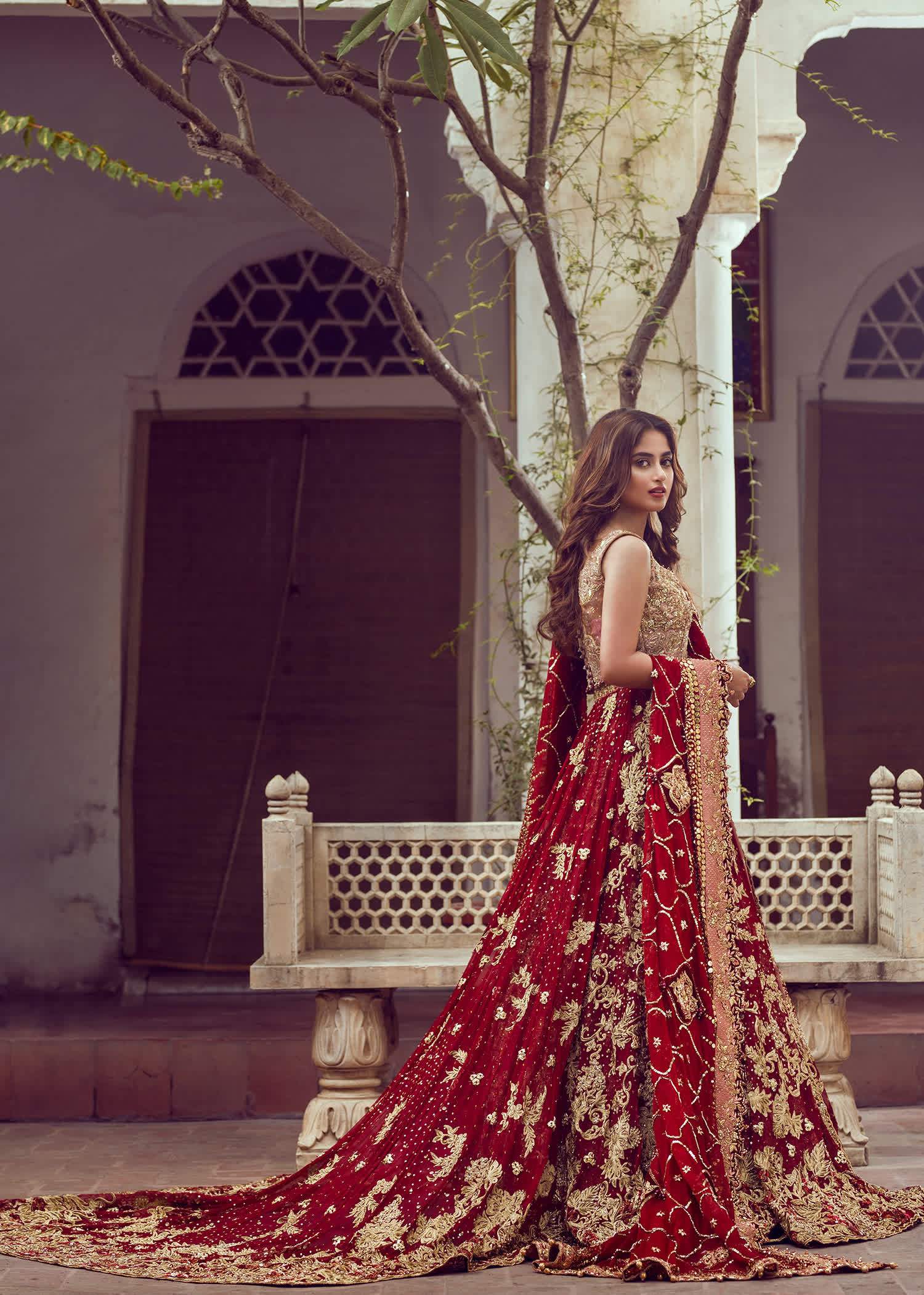 Deep Red Gold Embroidered Bridal Lehenga (3-Piece) - Image 3