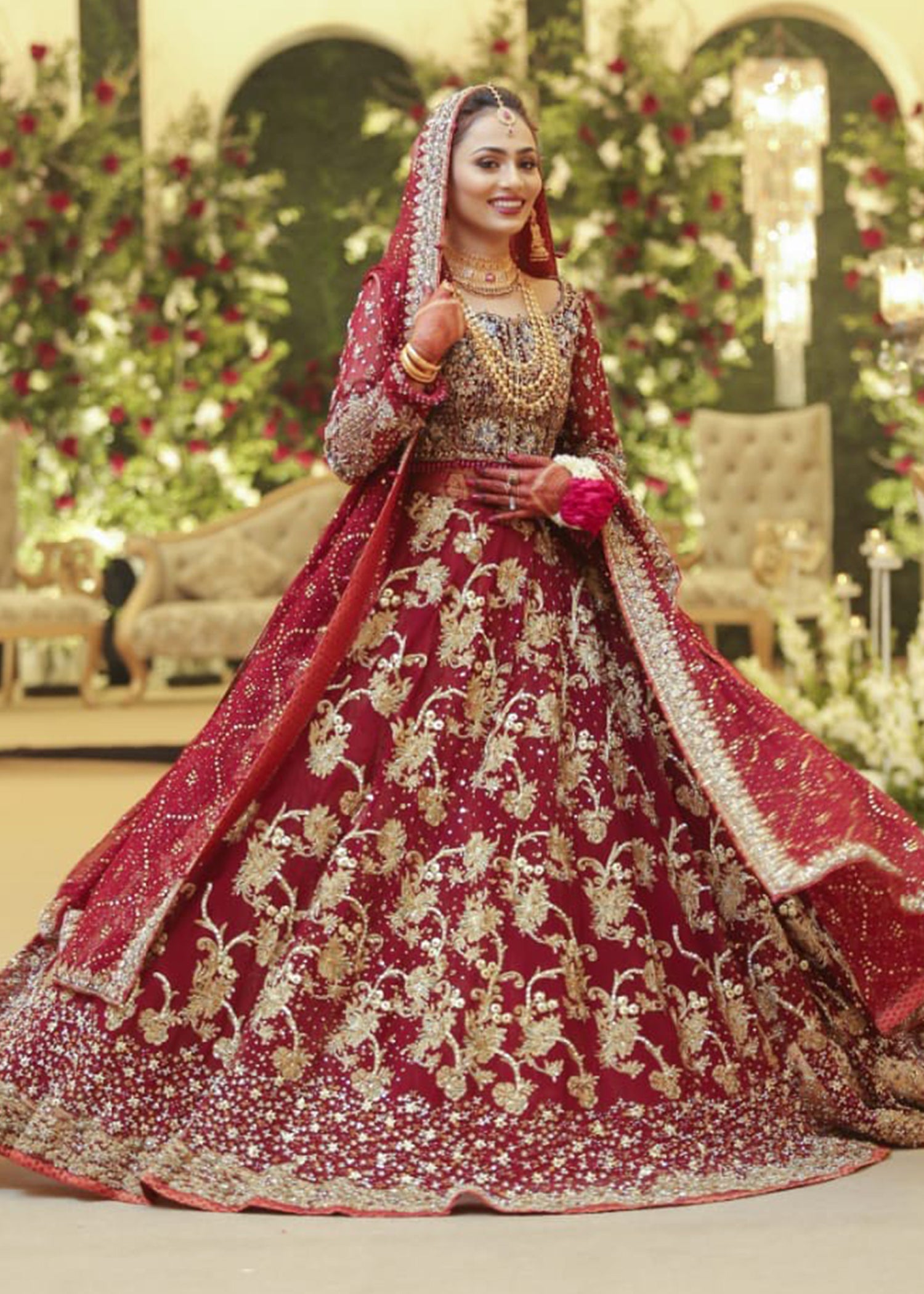 Pakistani Deep Red Embellished Net Bridal Lehenga (3-Piece) - Image 1