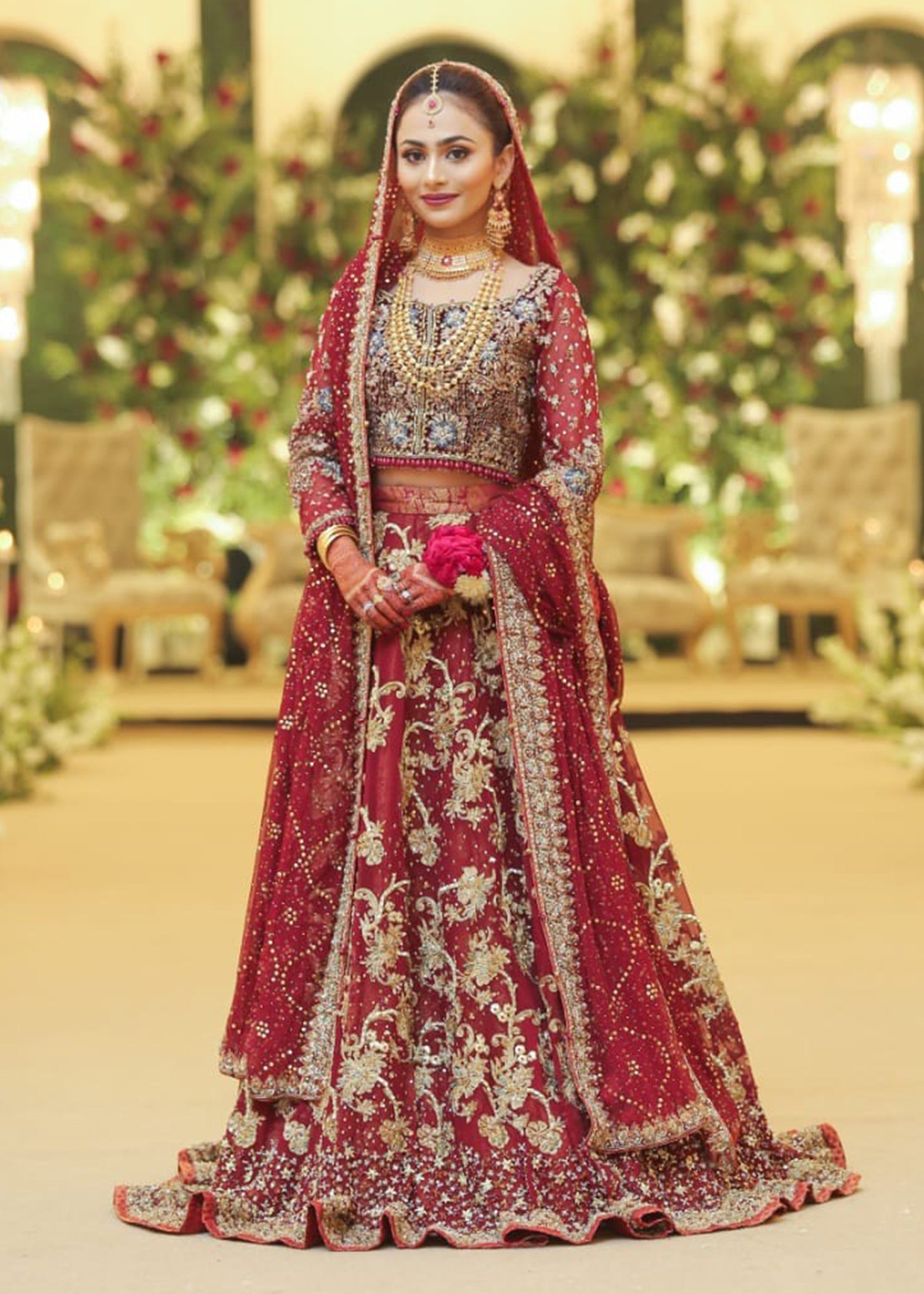 Pakistani Deep Red Embellished Net Bridal Lehenga (3-Piece) - Image 2