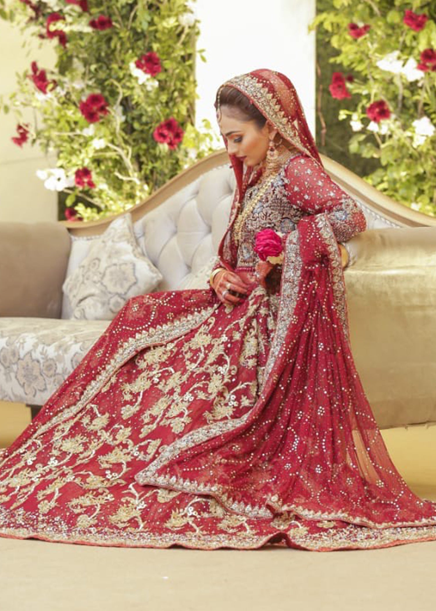 Pakistani Deep Red Embellished Net Bridal Lehenga (3-Piece) - Image 3