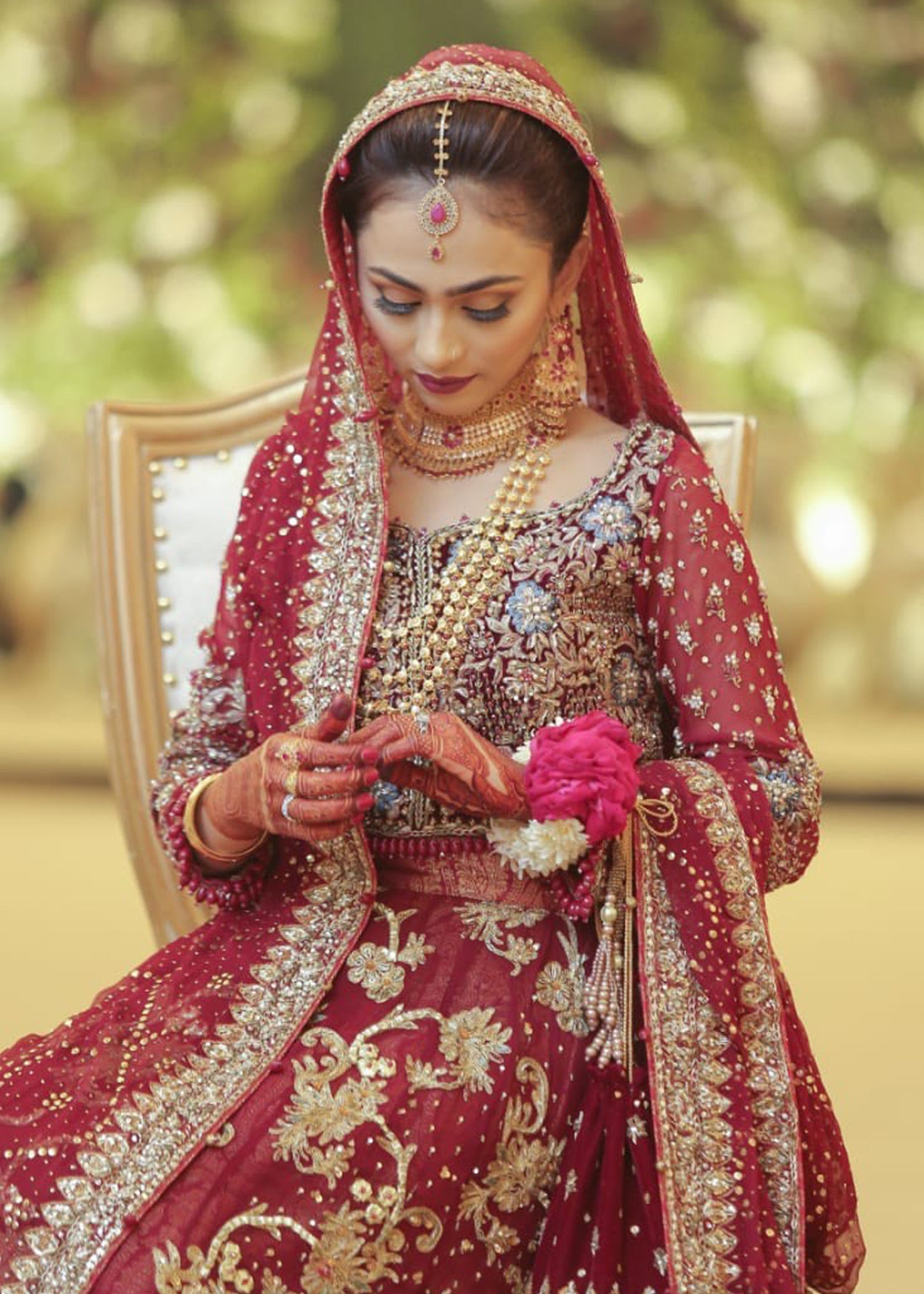 Pakistani Deep Red Embellished Net Bridal Lehenga (3-Piece) - Image 4