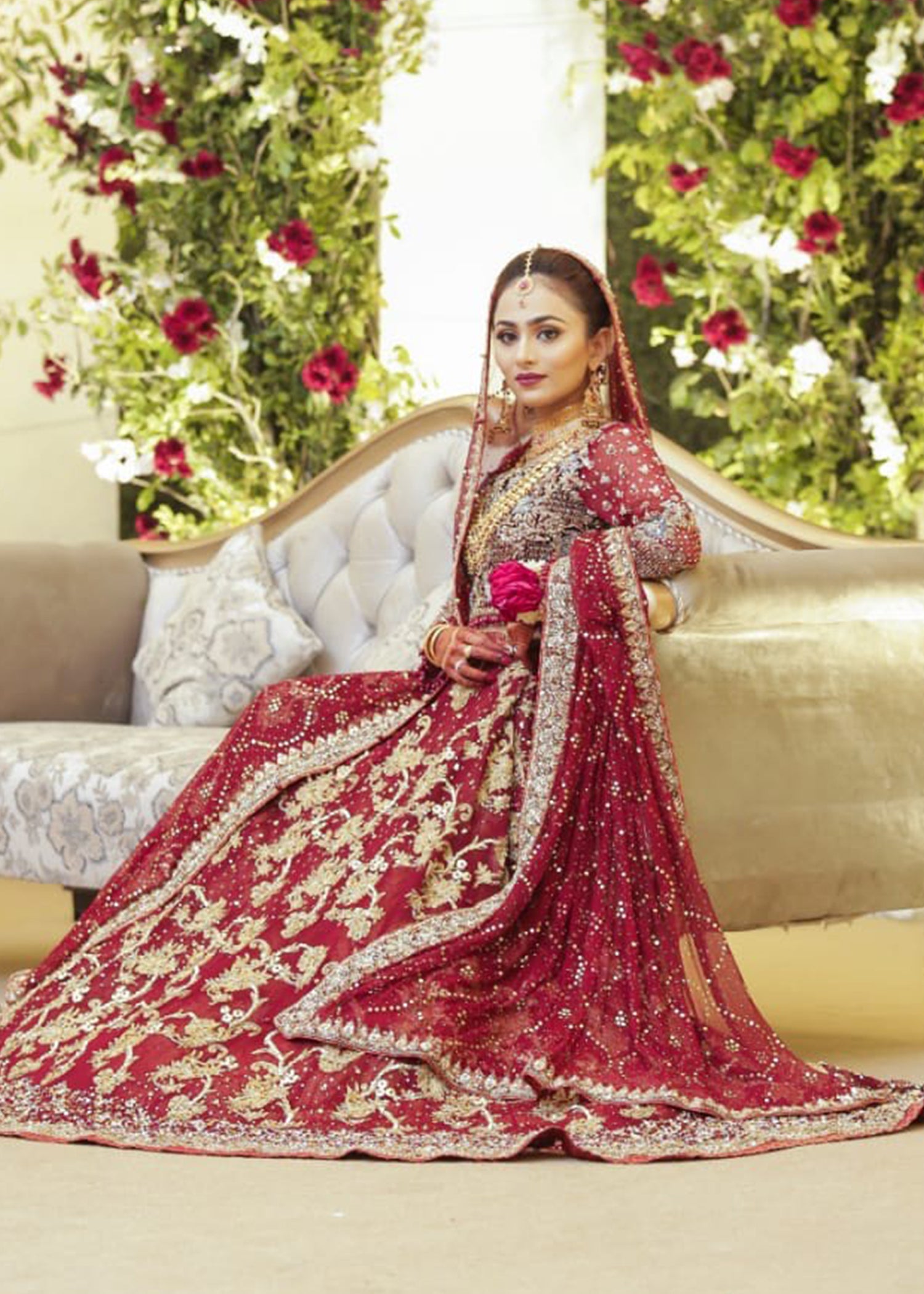 Pakistani Deep Red Embellished Net Bridal Lehenga (3-Piece) - Image 5