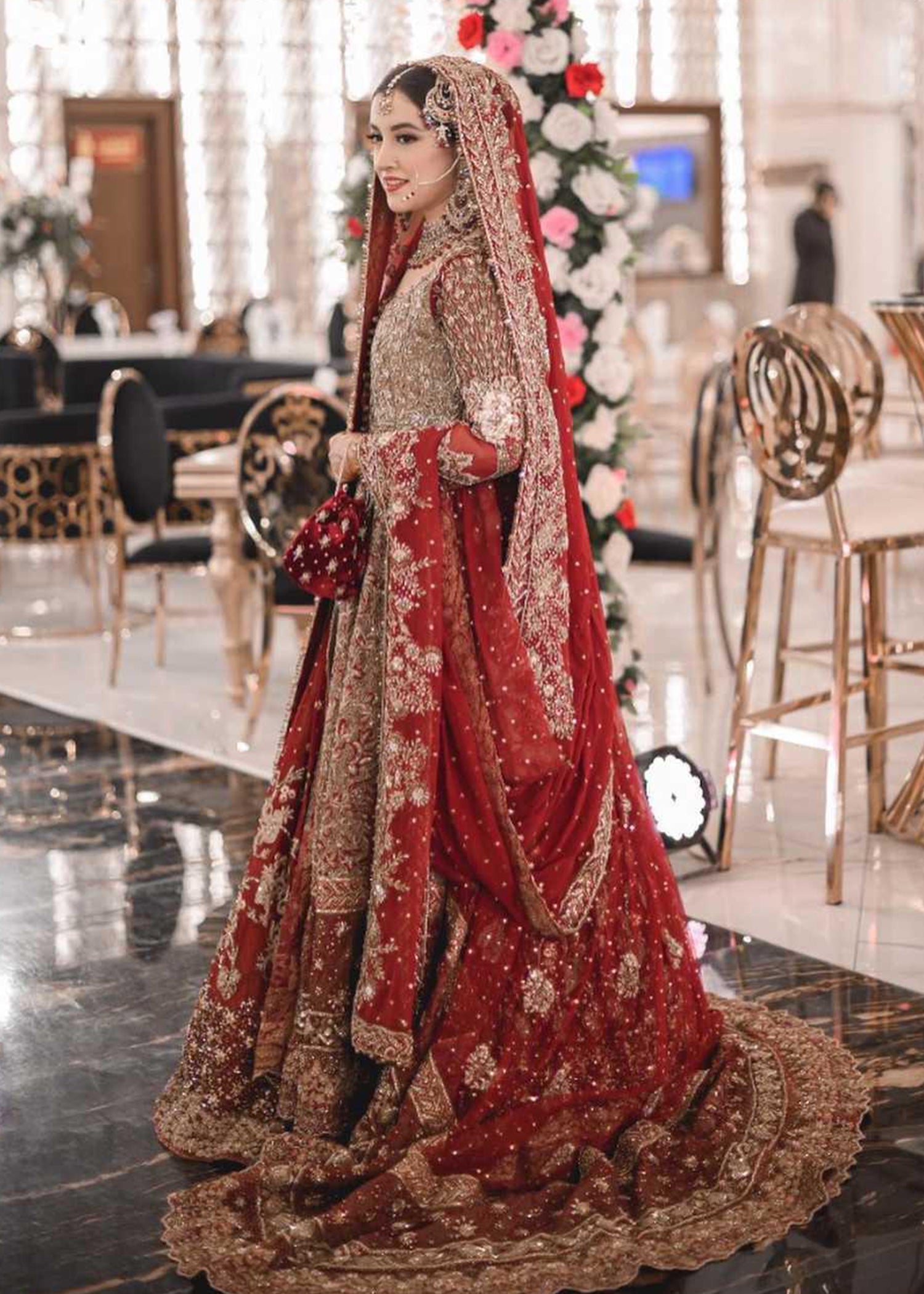 Deep Red Zardozi Net Bridal Lehenga (3-Piece) - Image 1
