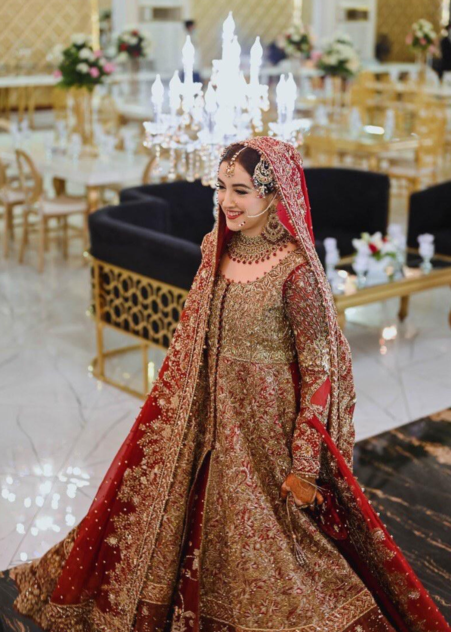 Deep Red Zardozi Net Bridal Lehenga (3-Piece) - Image 2