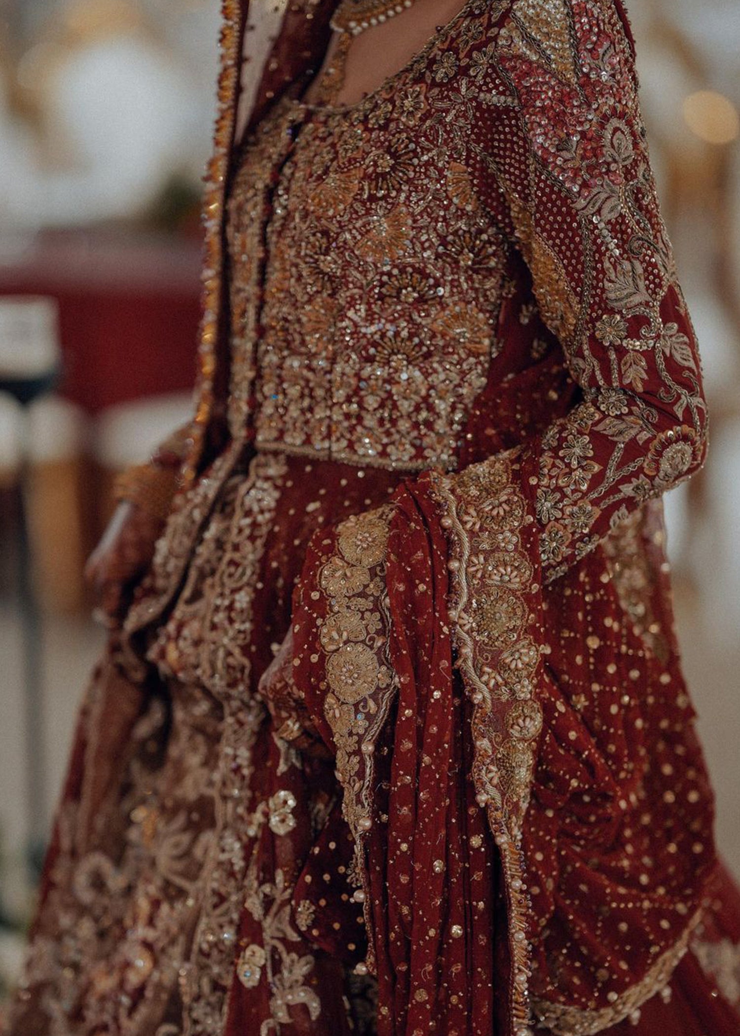 Deep Red Zardozi Net Bridal Lehenga (3-Piece) - Image 4