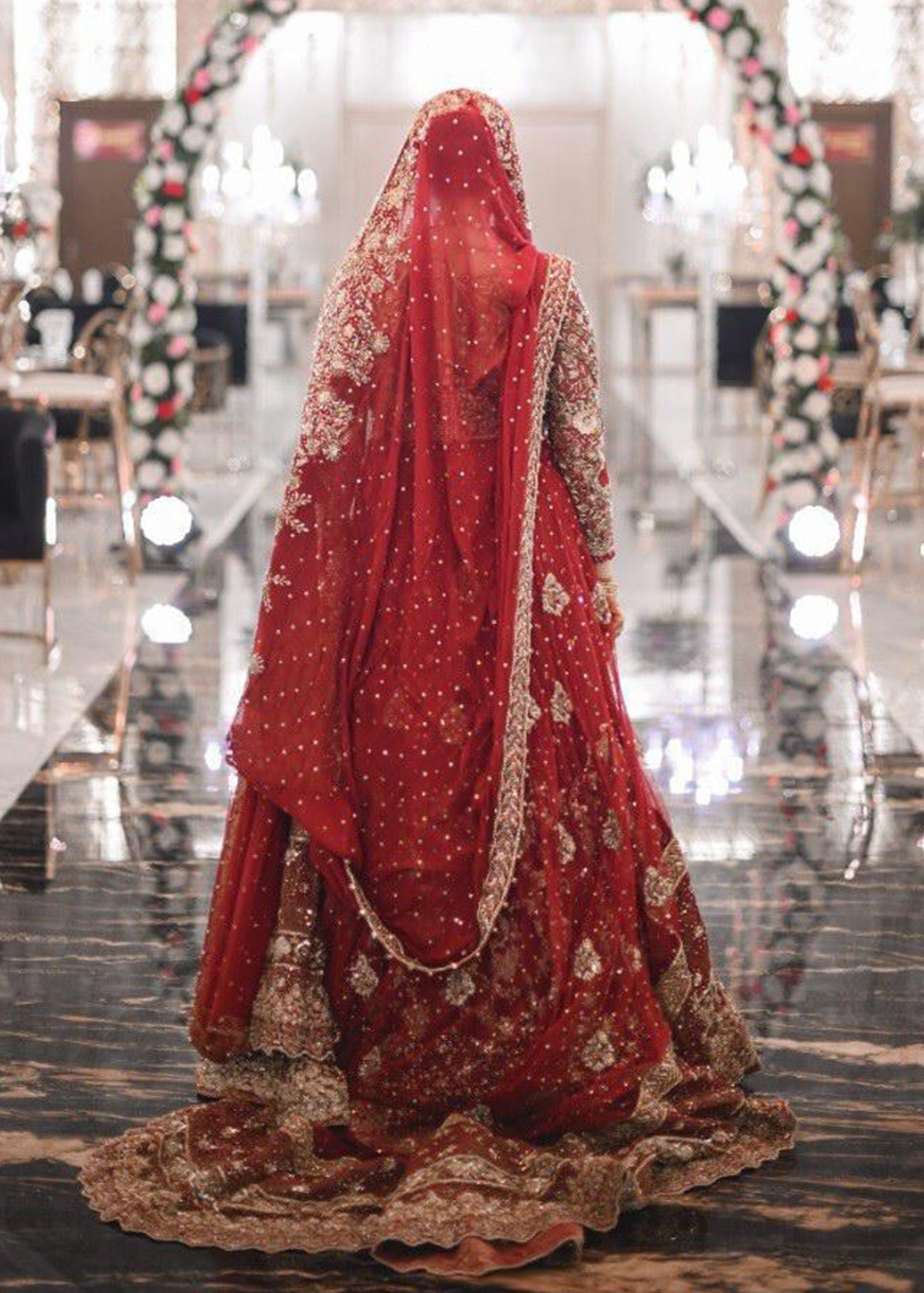 Deep Red Zardozi Net Bridal Lehenga (3-Piece) - Image 6