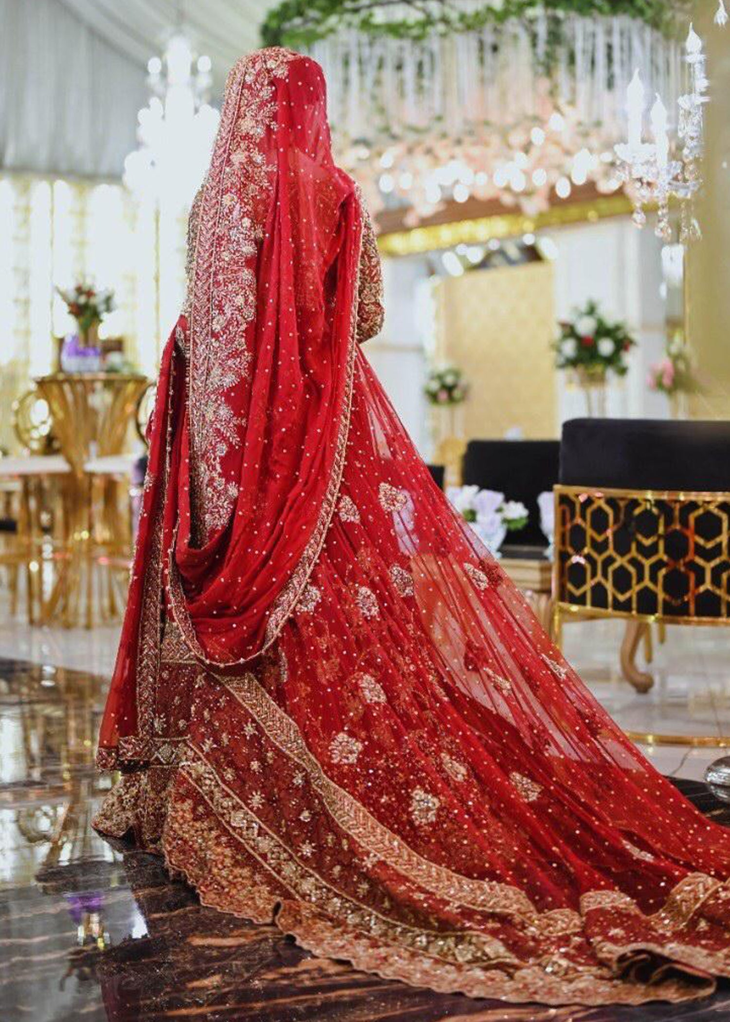 Deep Red Zardozi Net Bridal Lehenga (3-Piece) - Image 8