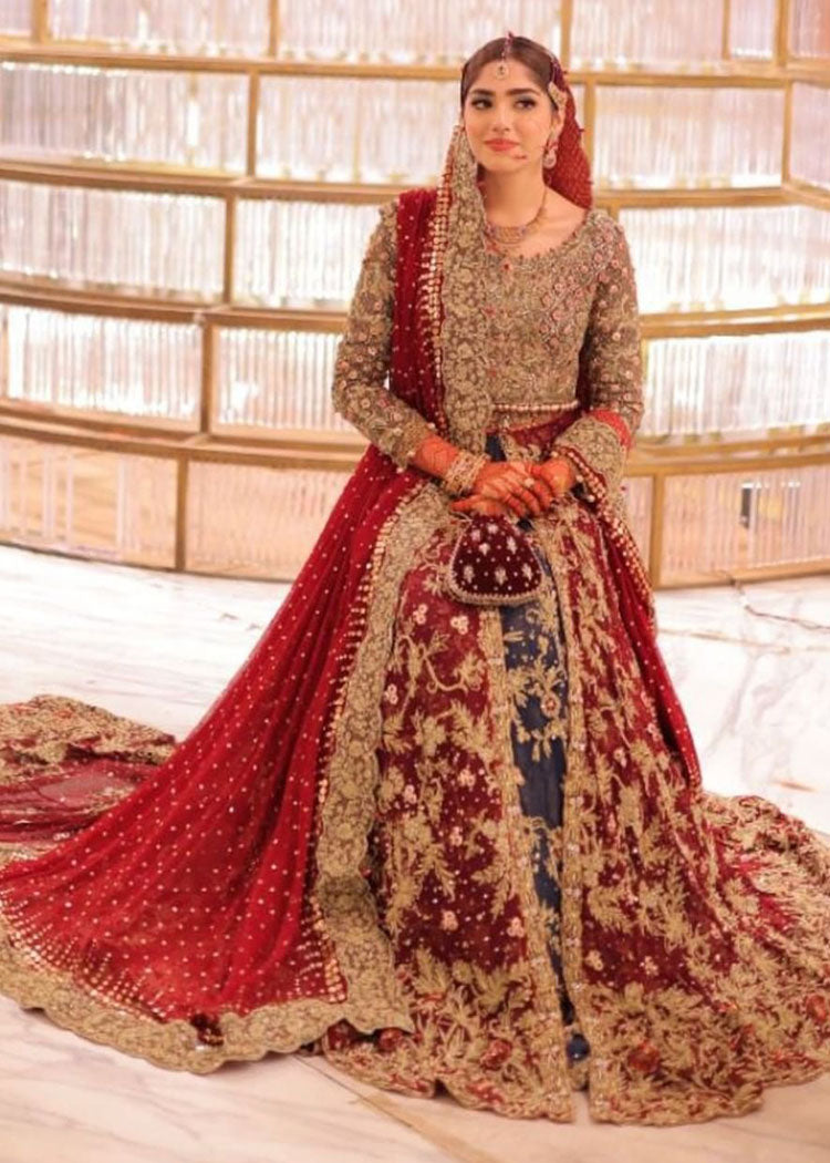 Deep Red and Blue Embroidered Bridal Lehenga (3-Piece) - Image 1