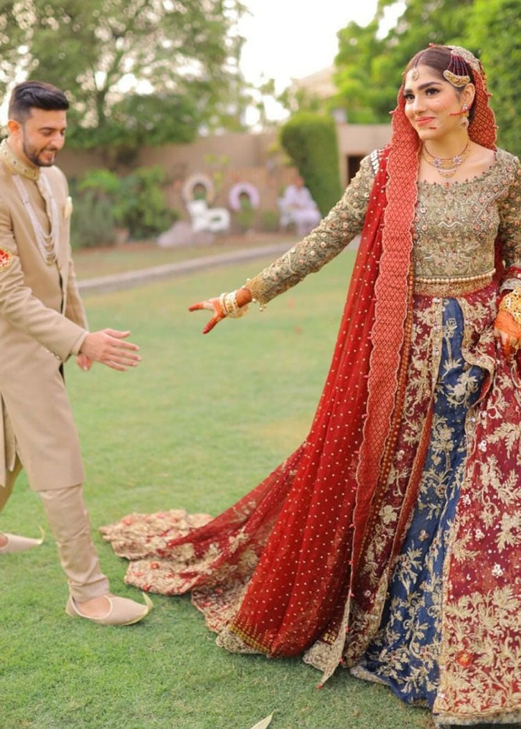 Deep Red and Blue Embroidered Bridal Lehenga (3-Piece) - Image 2