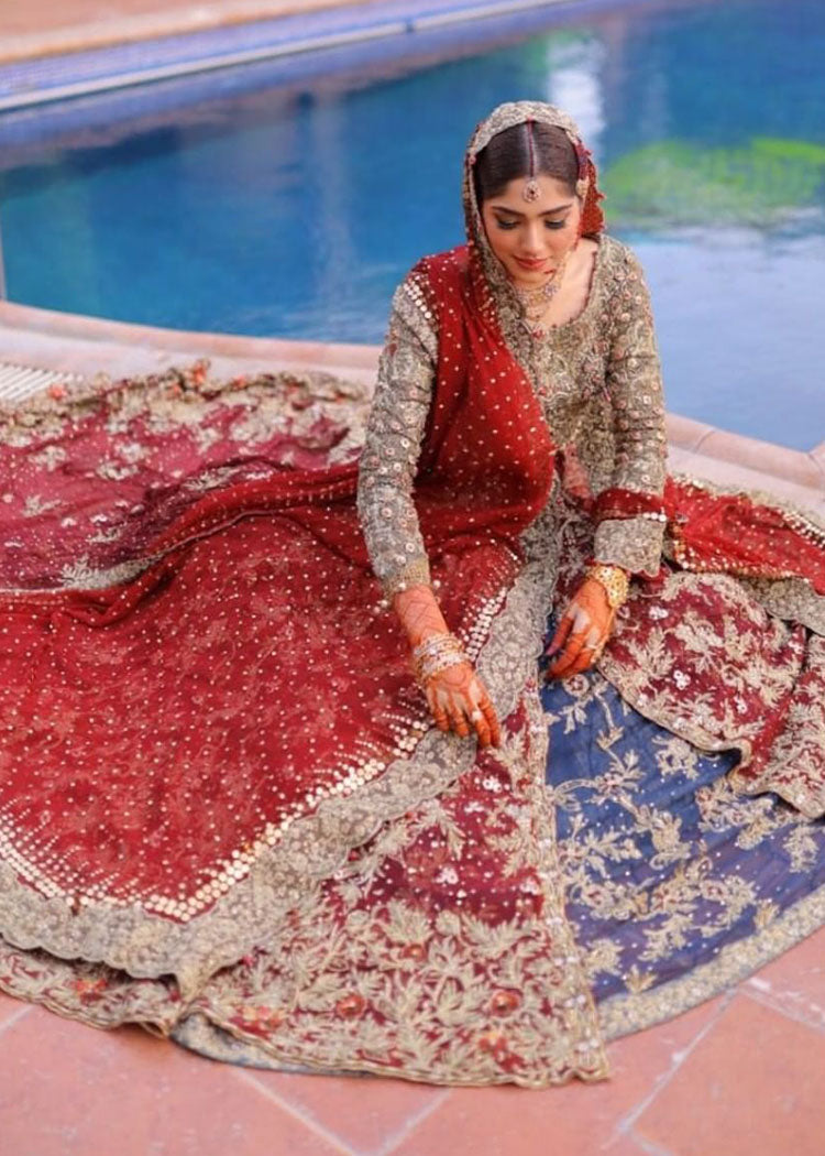 Deep Red and Blue Embroidered Bridal Lehenga (3-Piece) - Image 3