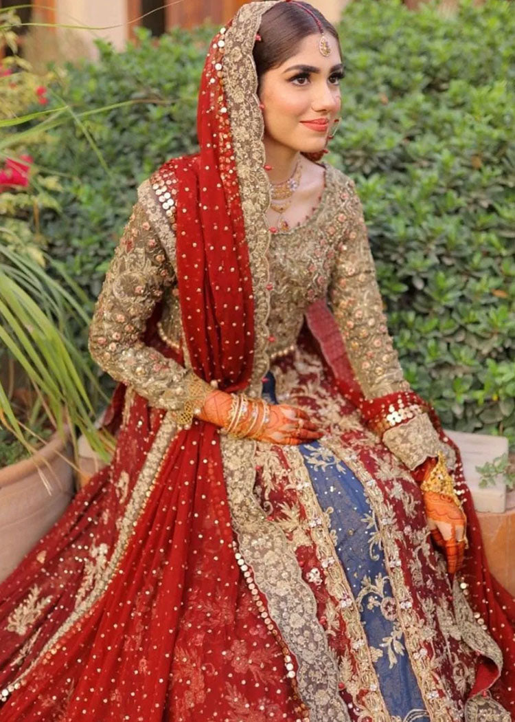 Deep Red and Blue Embroidered Bridal Lehenga (3-Piece) - Image 4
