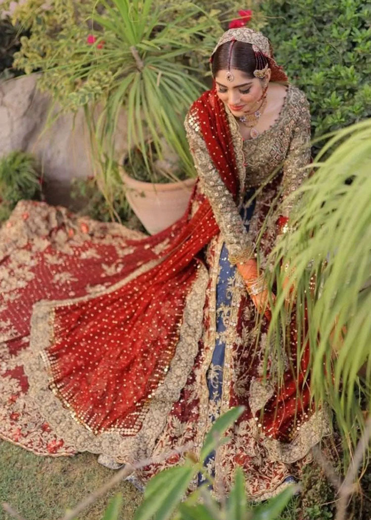 Deep Red and Blue Embroidered Bridal Lehenga (3-Piece) - Image 5