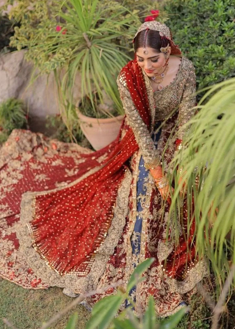 Deep Red and Blue Embroidered Bridal Lehenga (3-Piece) - Image 6