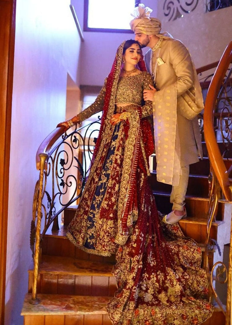 Deep Red and Blue Embroidered Bridal Lehenga (3-Piece) - Image 7