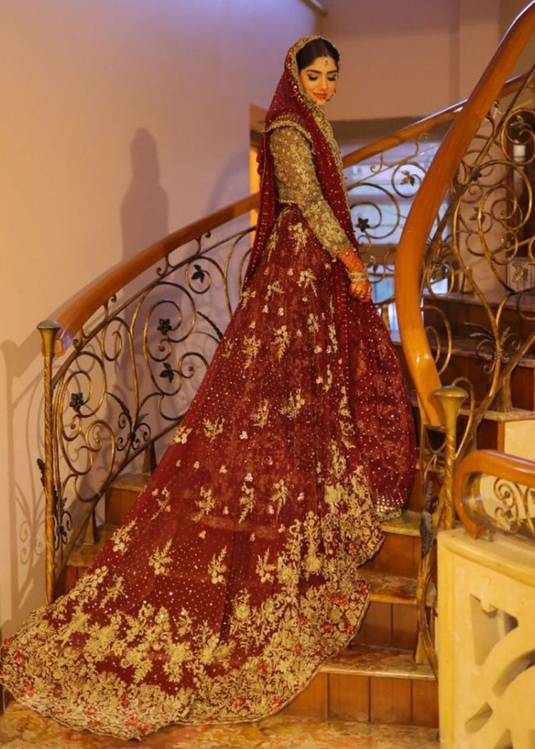 Deep Red and Blue Embroidered Bridal Lehenga (3-Piece) - Image 8