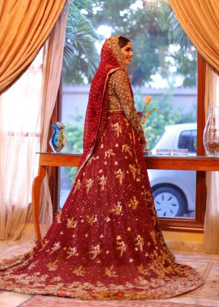Deep Red and Blue Embroidered Bridal Lehenga (3-Piece) - Image 9