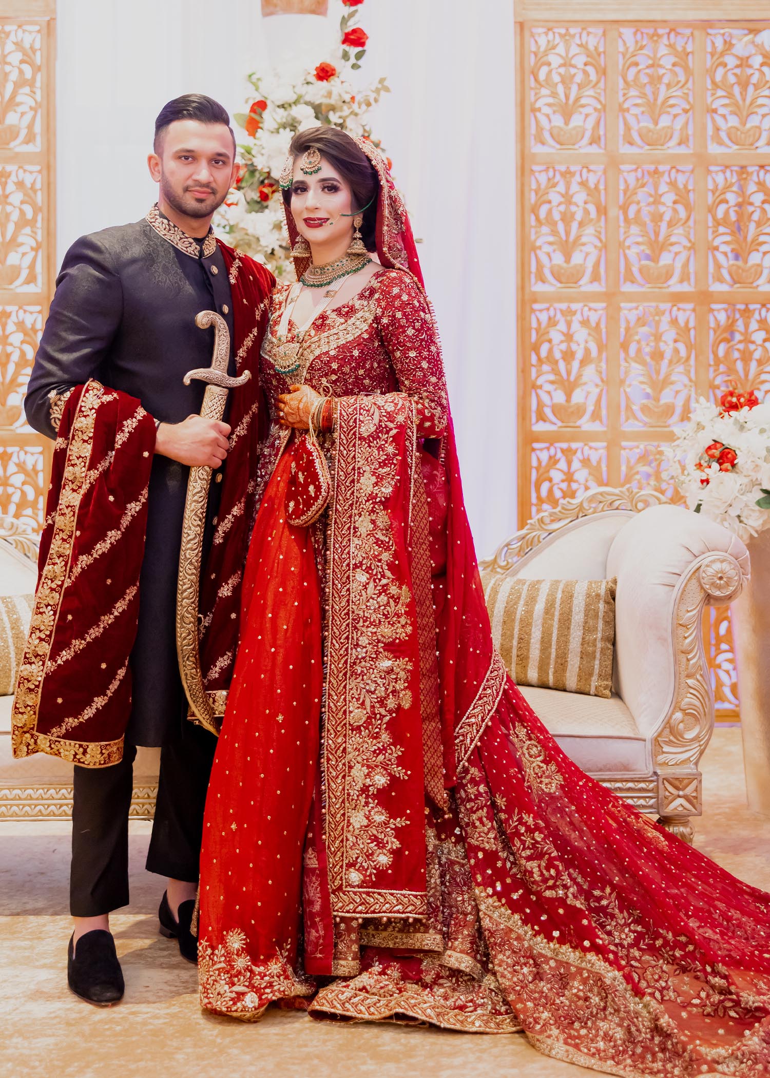 Deep Red Embroidered Net Bridal Lehenga (3-Piece) - Image 1