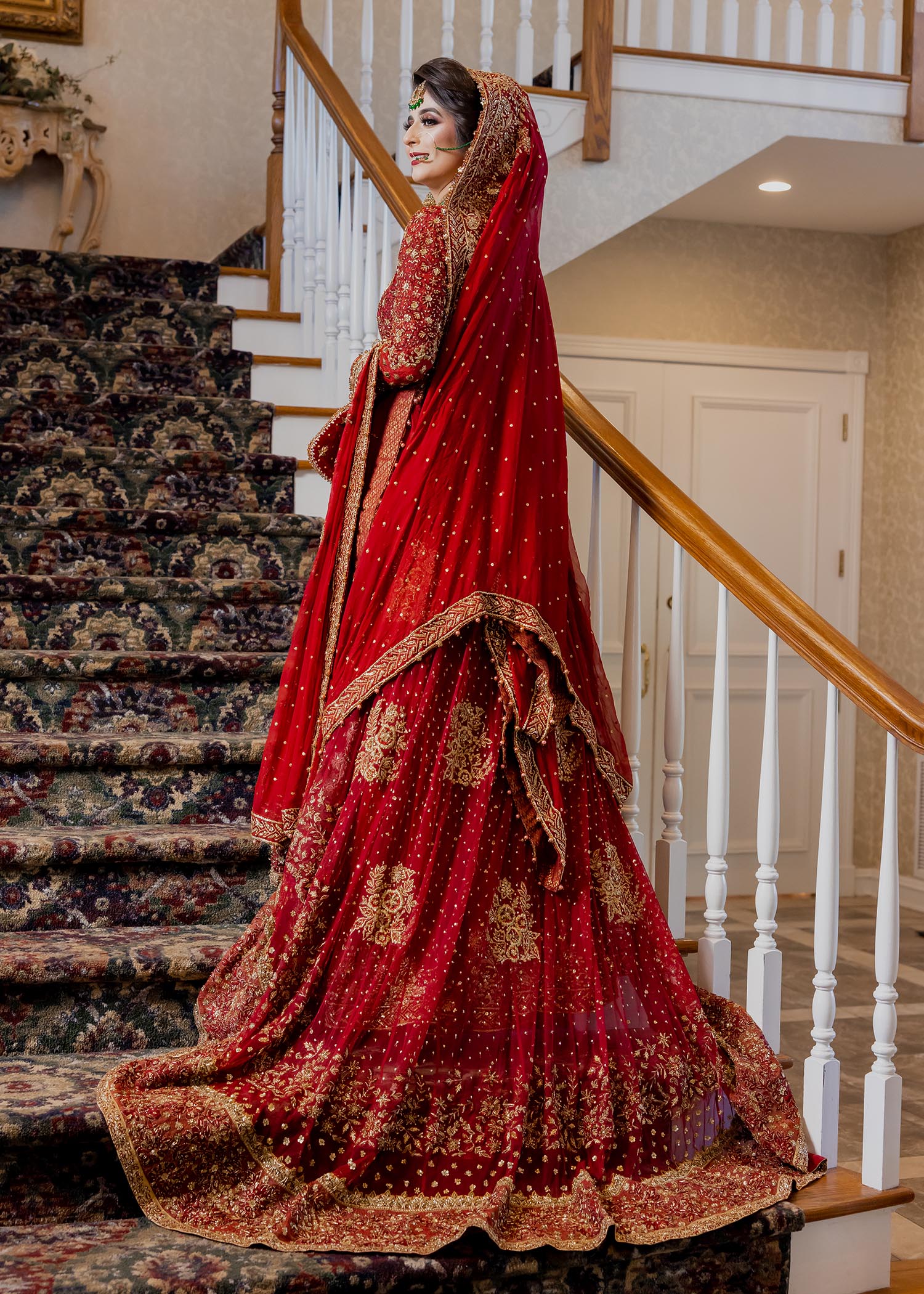 Deep Red Embroidered Net Bridal Lehenga (3-Piece) - Image 2