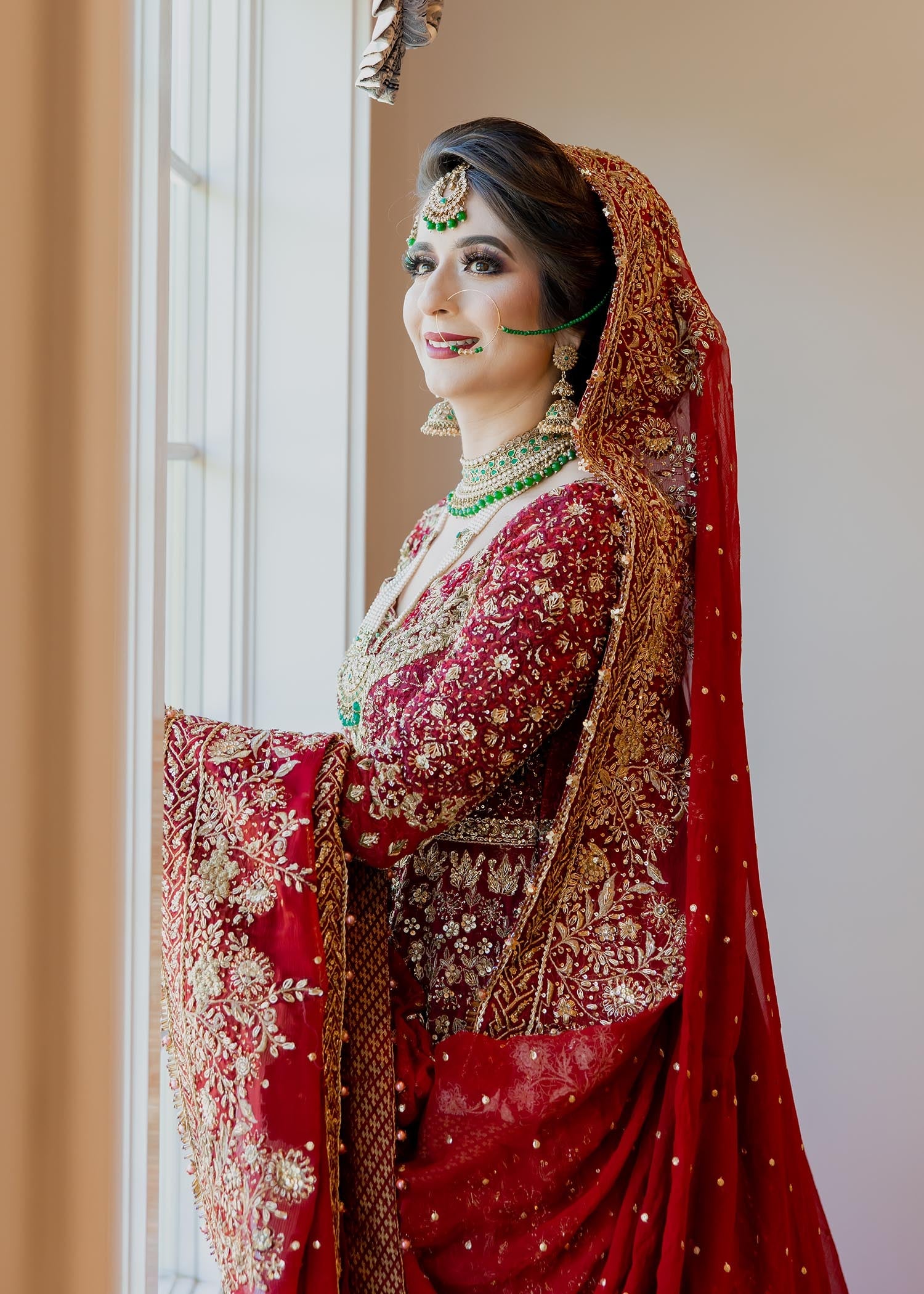 Deep Red Embroidered Net Bridal Lehenga (3-Piece) - Image 3