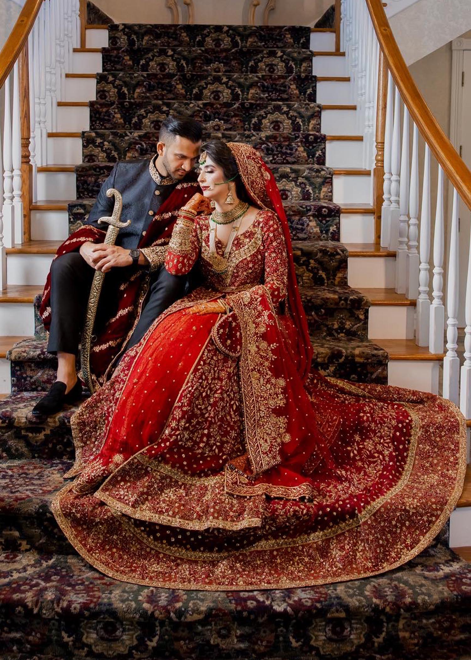 Deep Red Embroidered Net Bridal Lehenga (3-Piece) - Image 4
