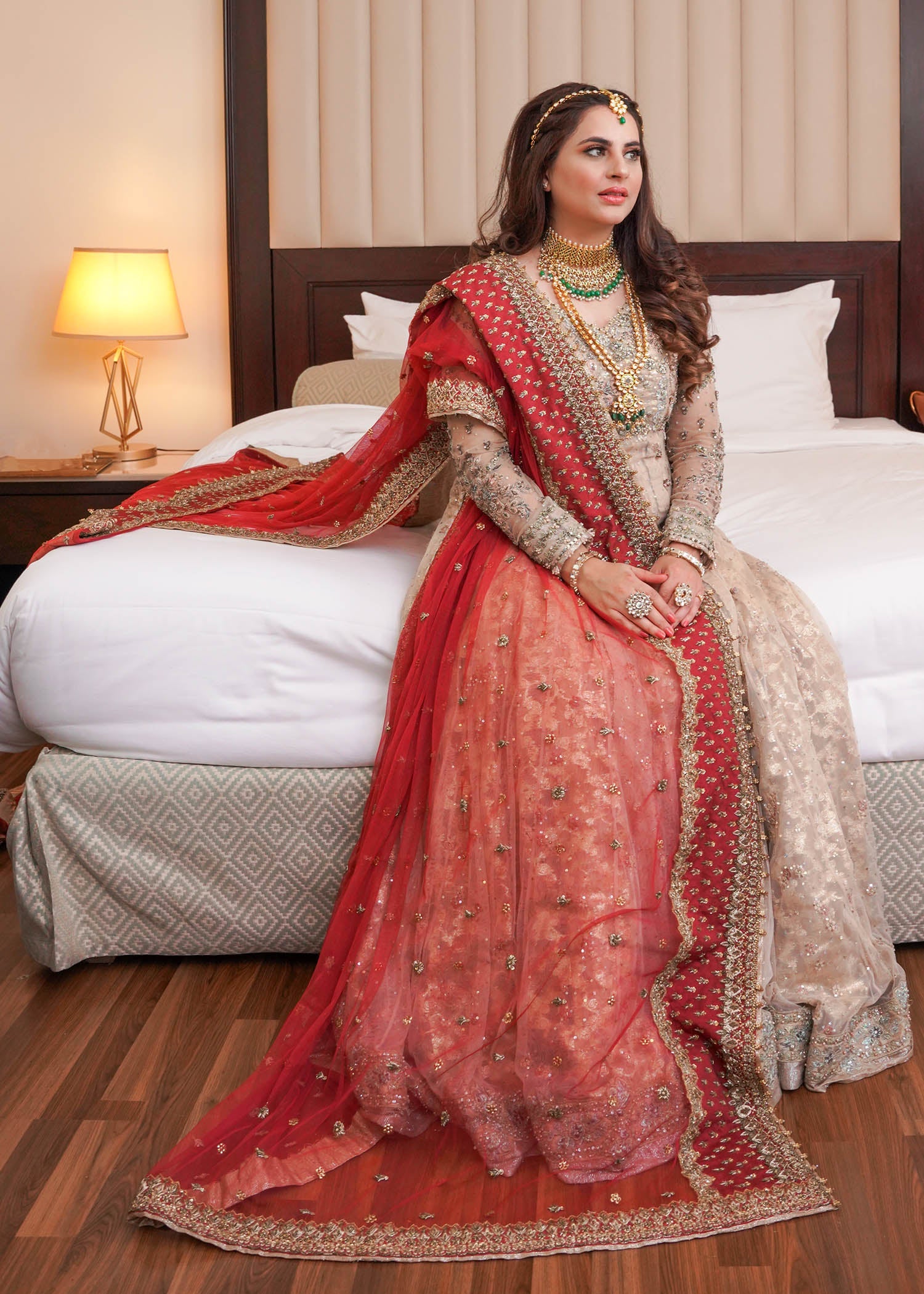 Red and Ivory Embroidered Net Bridal Lehenga (3-Piece) - Image 1