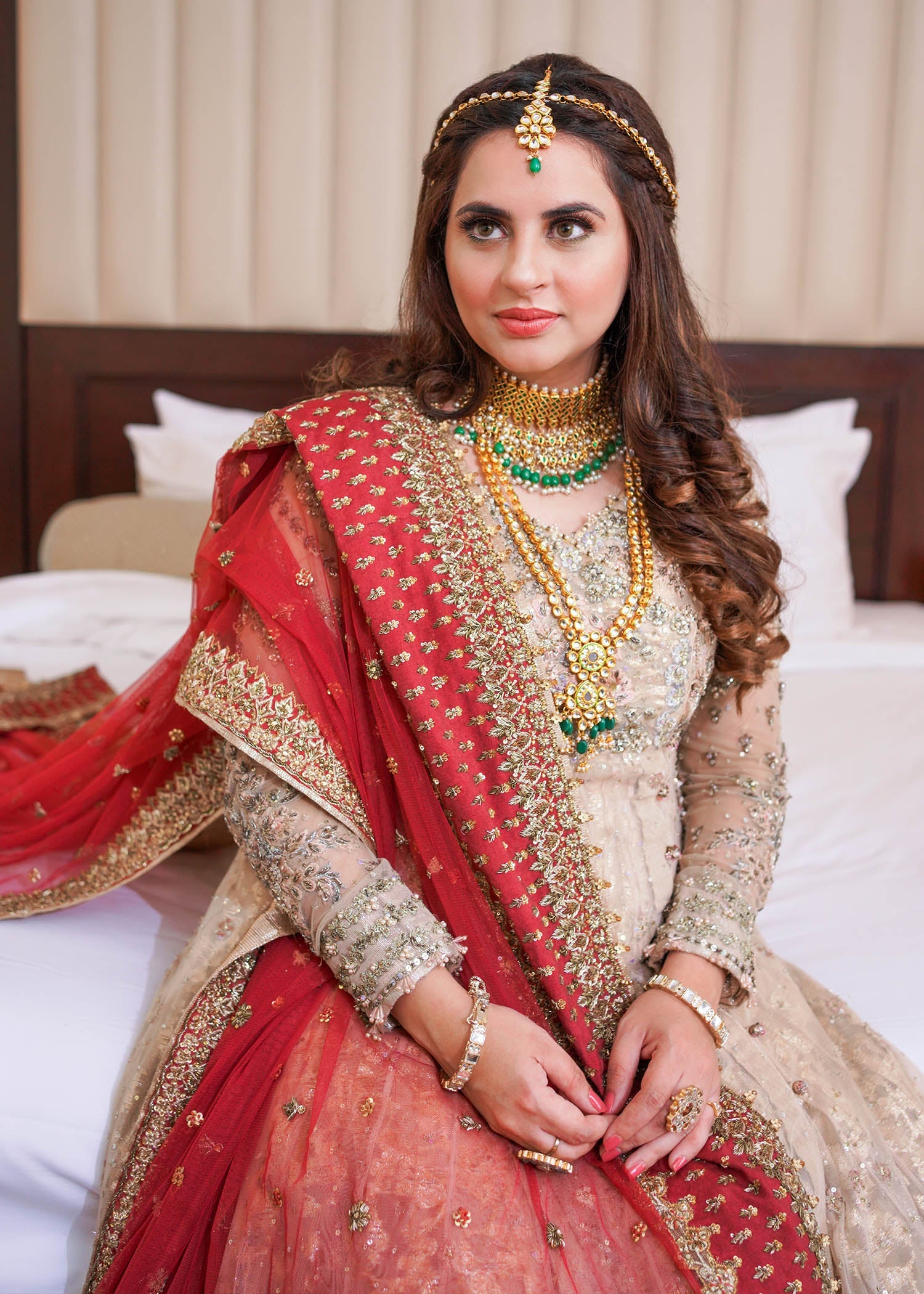 Red and Ivory Embroidered Net Bridal Lehenga (3-Piece) - Image 2