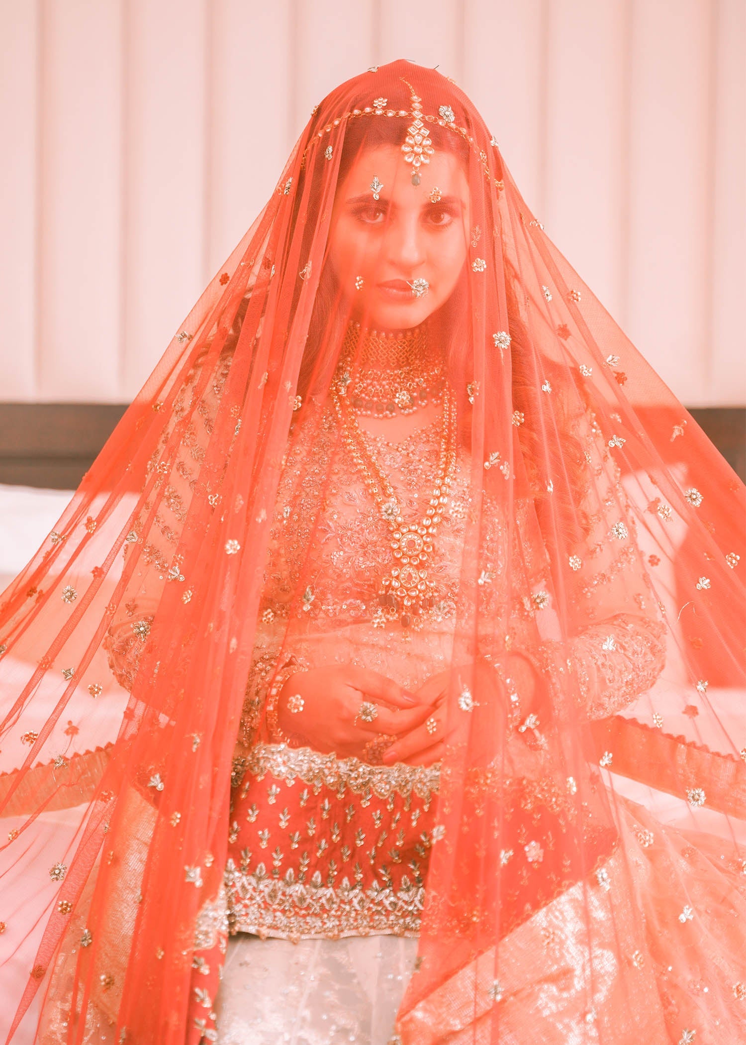 Red and Ivory Embroidered Net Bridal Lehenga (3-Piece) - Image 4