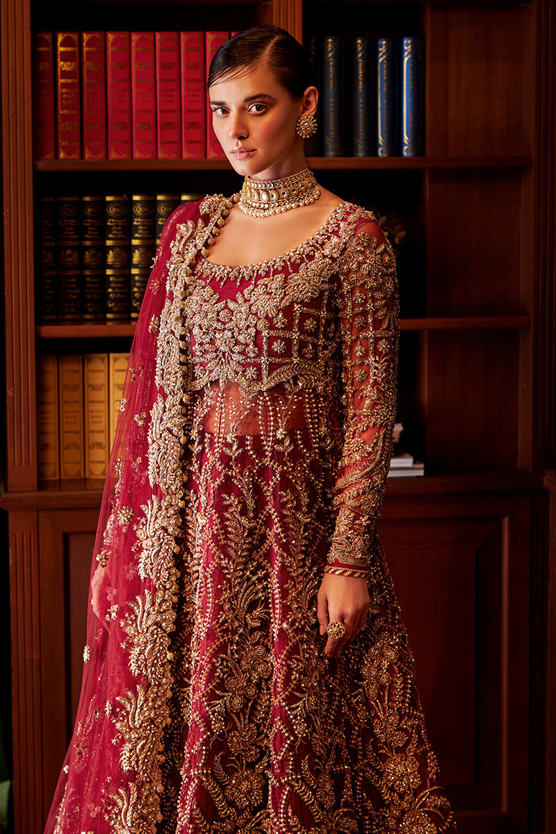 Pakistani Red Embroidered Net Bridal Lehenga (3-Piece) - Image 2