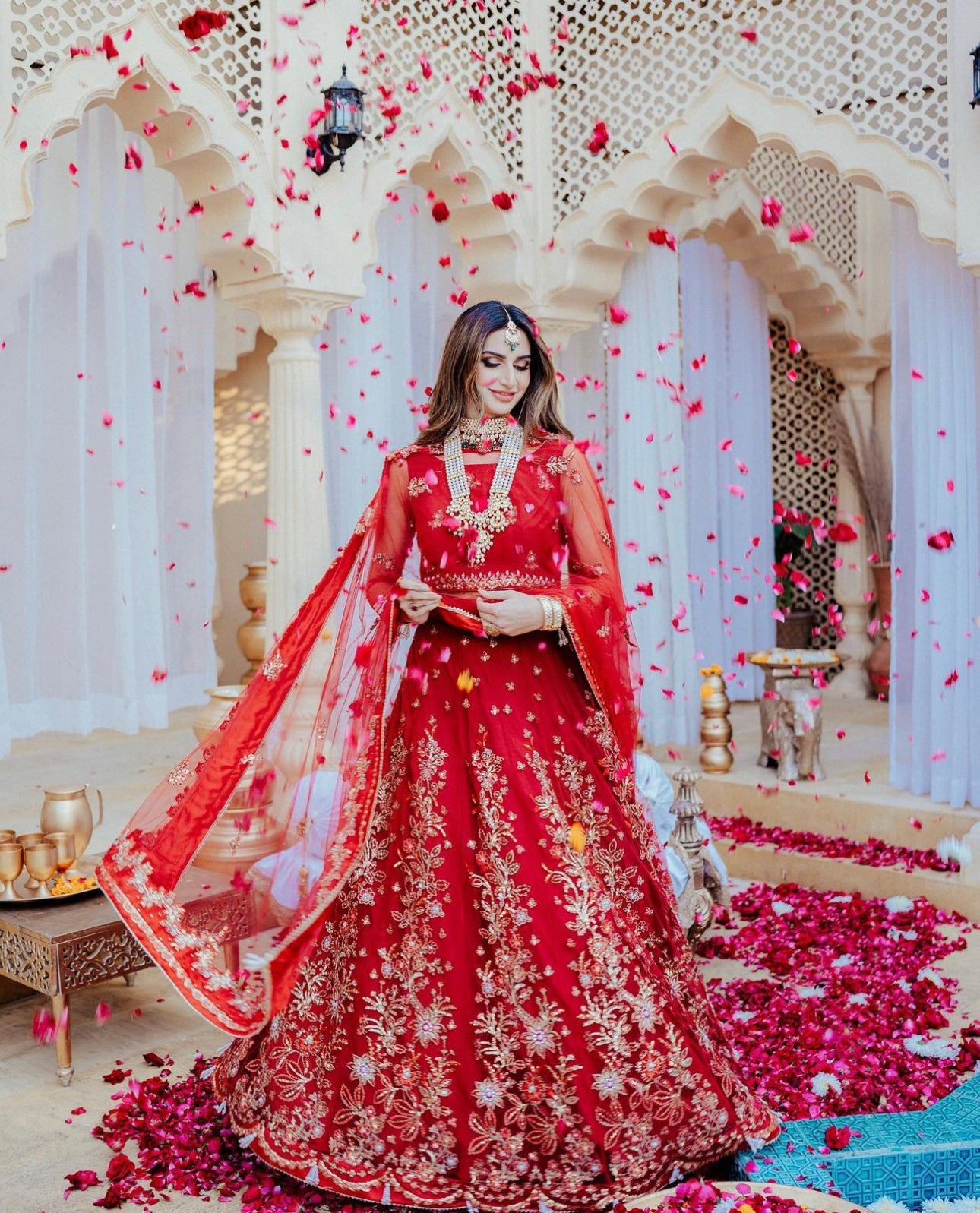 Red Hand-Embellished Net Lehenga Choli (3-Piece) - Image 2