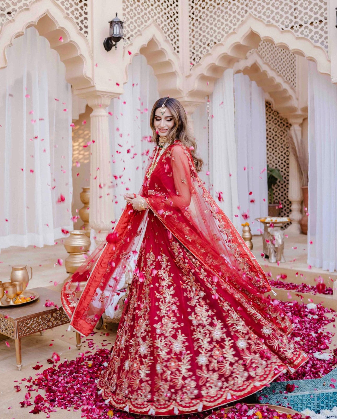 Red Hand-Embellished Net Lehenga Choli (3-Piece) - Image 6