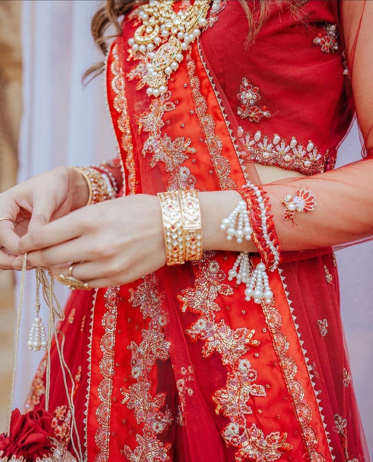 Red Hand-Embellished Net Lehenga Choli (3-Piece) - Image 8