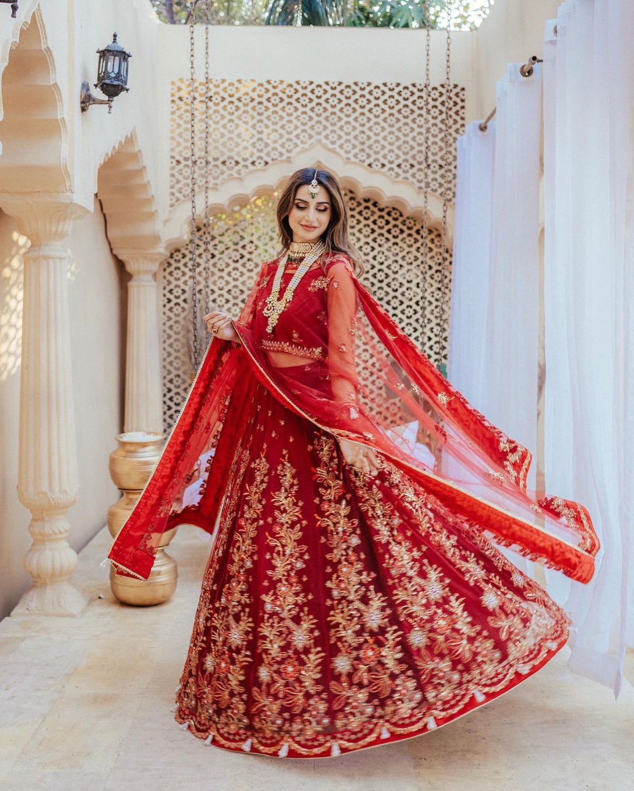 Red Hand-Embellished Net Lehenga Choli (3-Piece) - Image 9