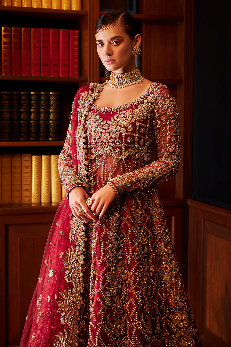 Red Embroidered Net Bridal Lehenga (3-Piece) - Image 4