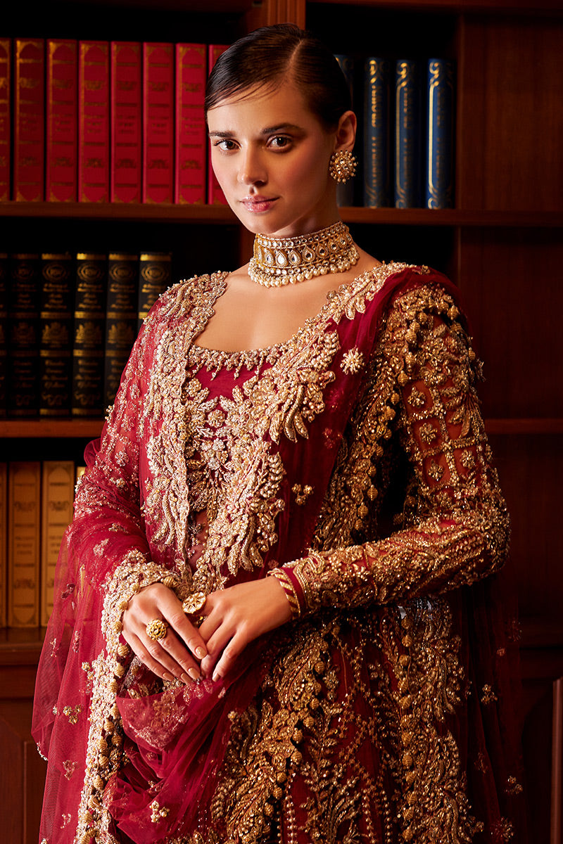 Red Embroidered Net Bridal Lehenga (3-Piece) - Image 5