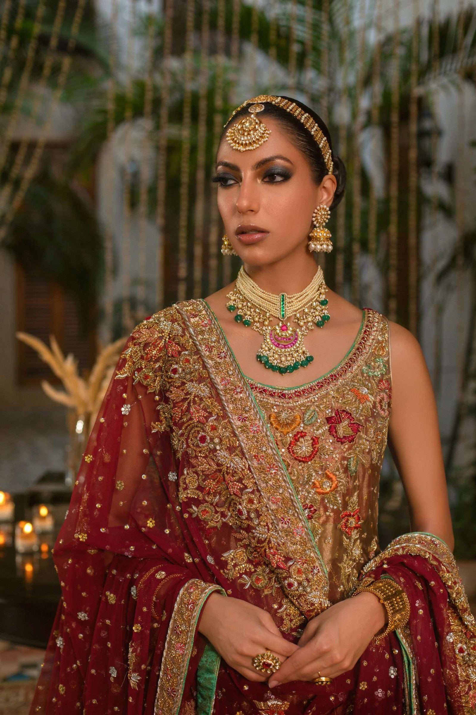 Pakistani Deep Red Gold Embroidered Net Bridal Lehenga (3-Piece) - Image 2