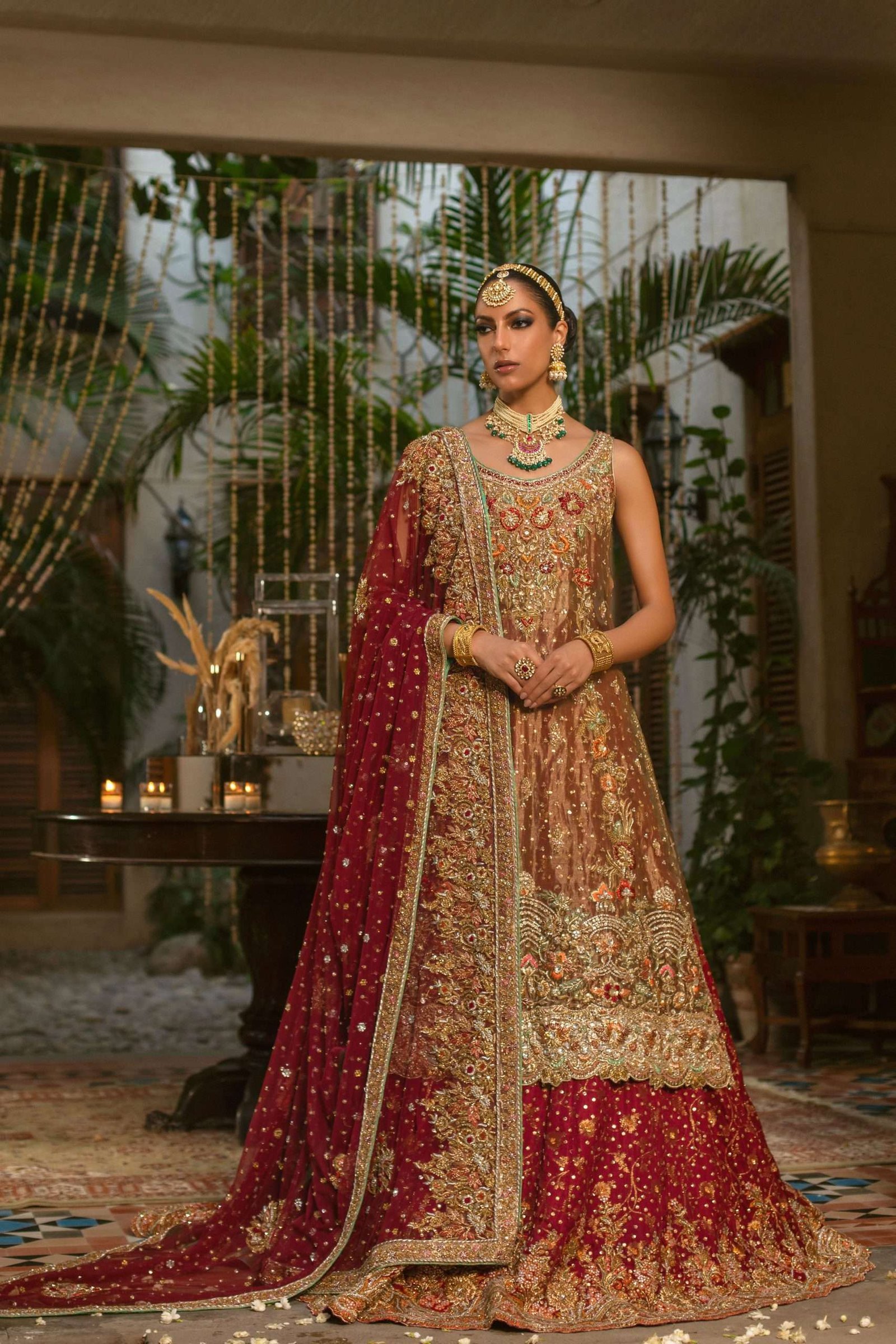 Pakistani Deep Red Gold Embroidered Net Bridal Lehenga (3-Piece) - Image 3