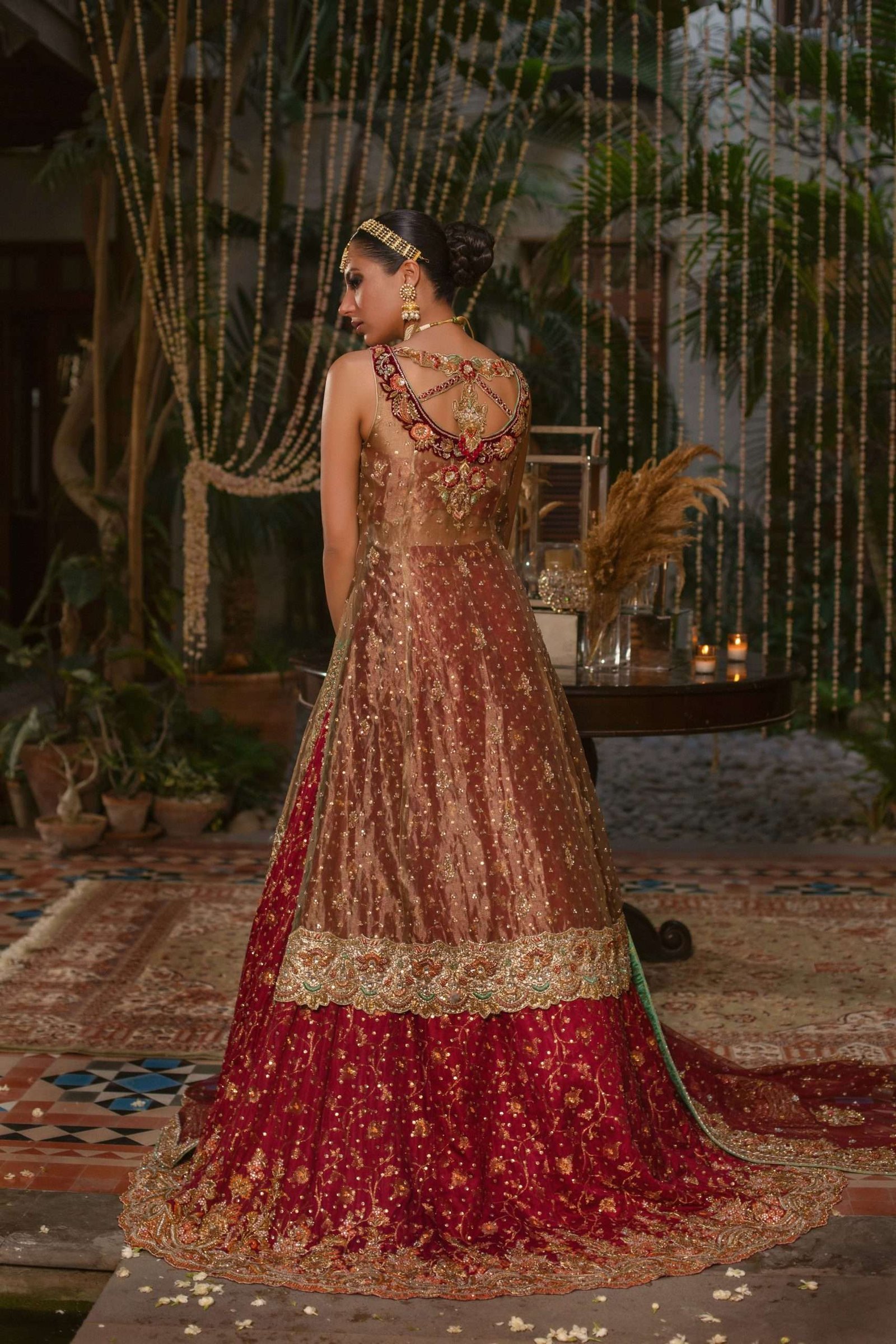 Pakistani Deep Red Gold Embroidered Net Bridal Lehenga (3-Piece) - Image 4