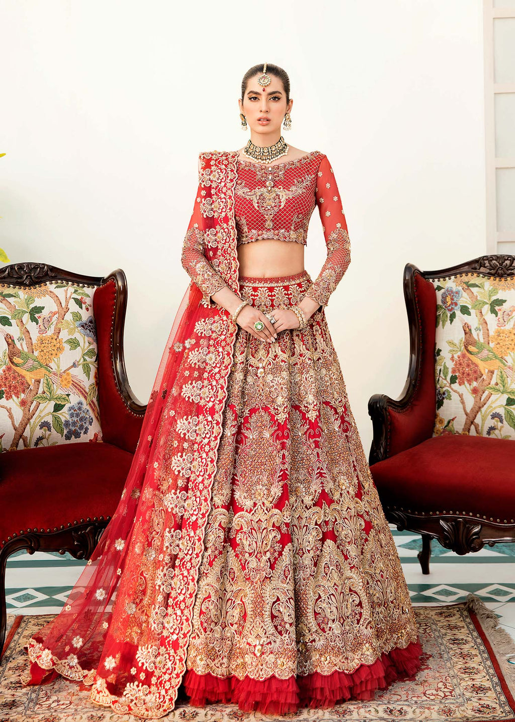 Red Zardozi Embroidered Net Lehenga Choli (3-Piece) - Image 1