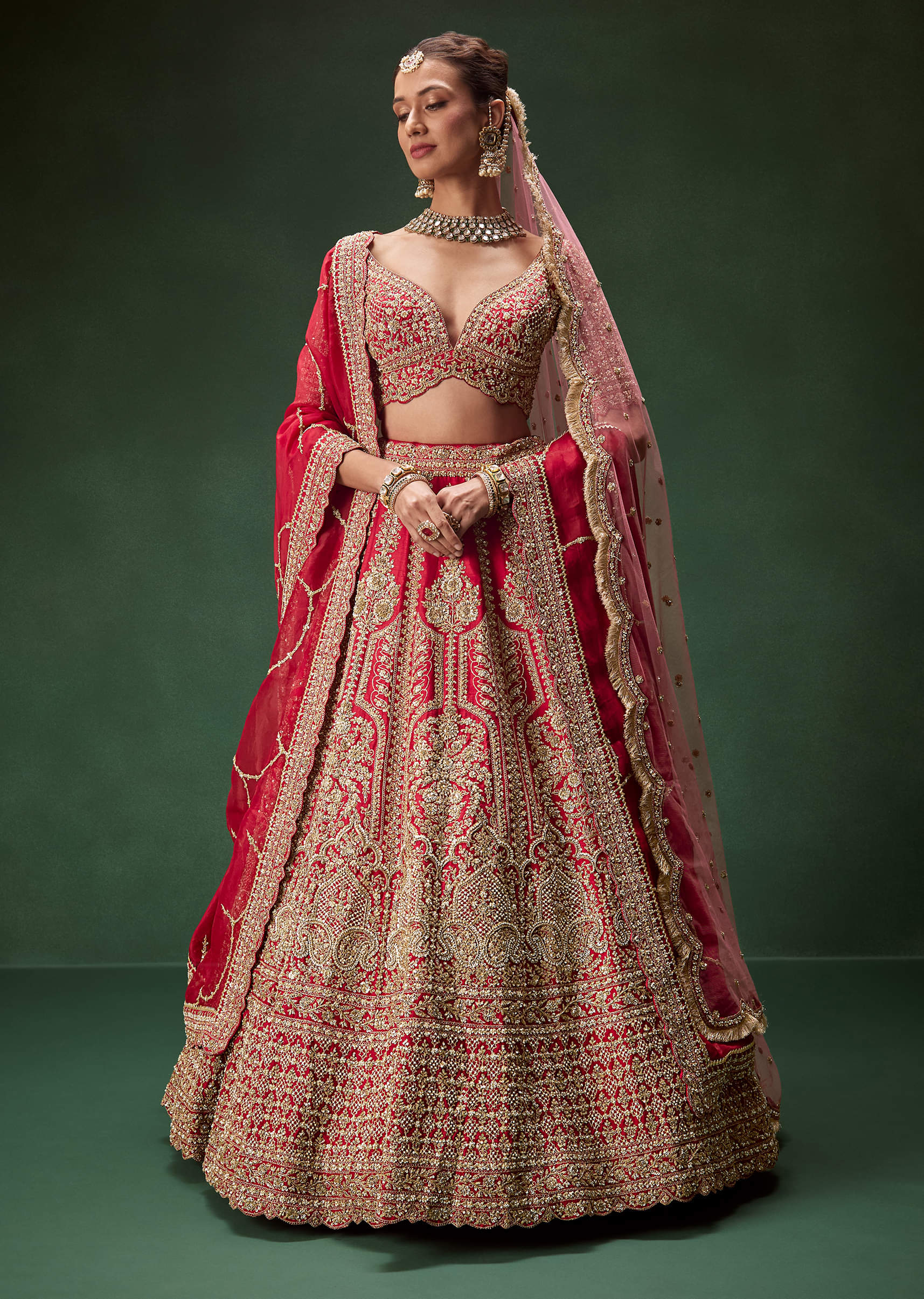 Indian Red Zari Dori Sequin Net Bridal Lehenga (3-Piece) - Image 1