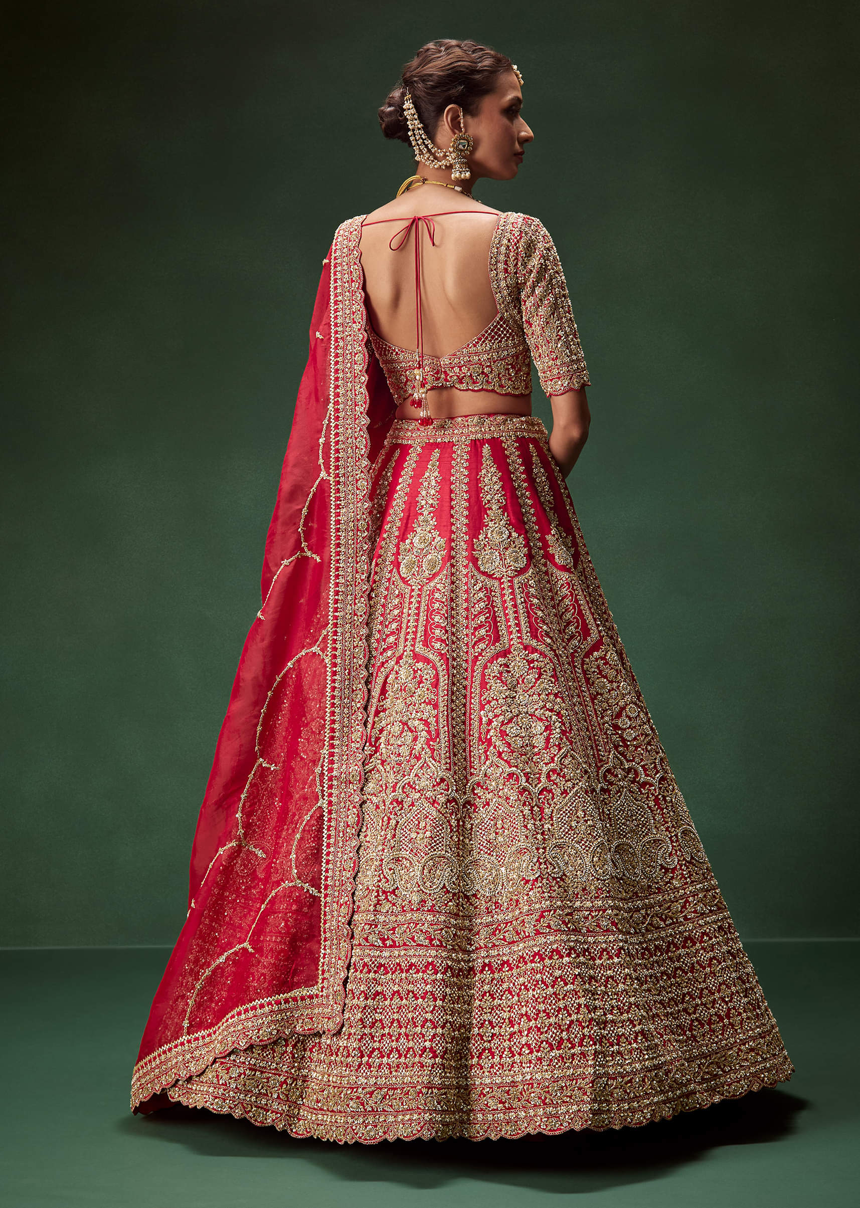 Indian Red Zari Dori Sequin Net Bridal Lehenga (3-Piece) - Image 2