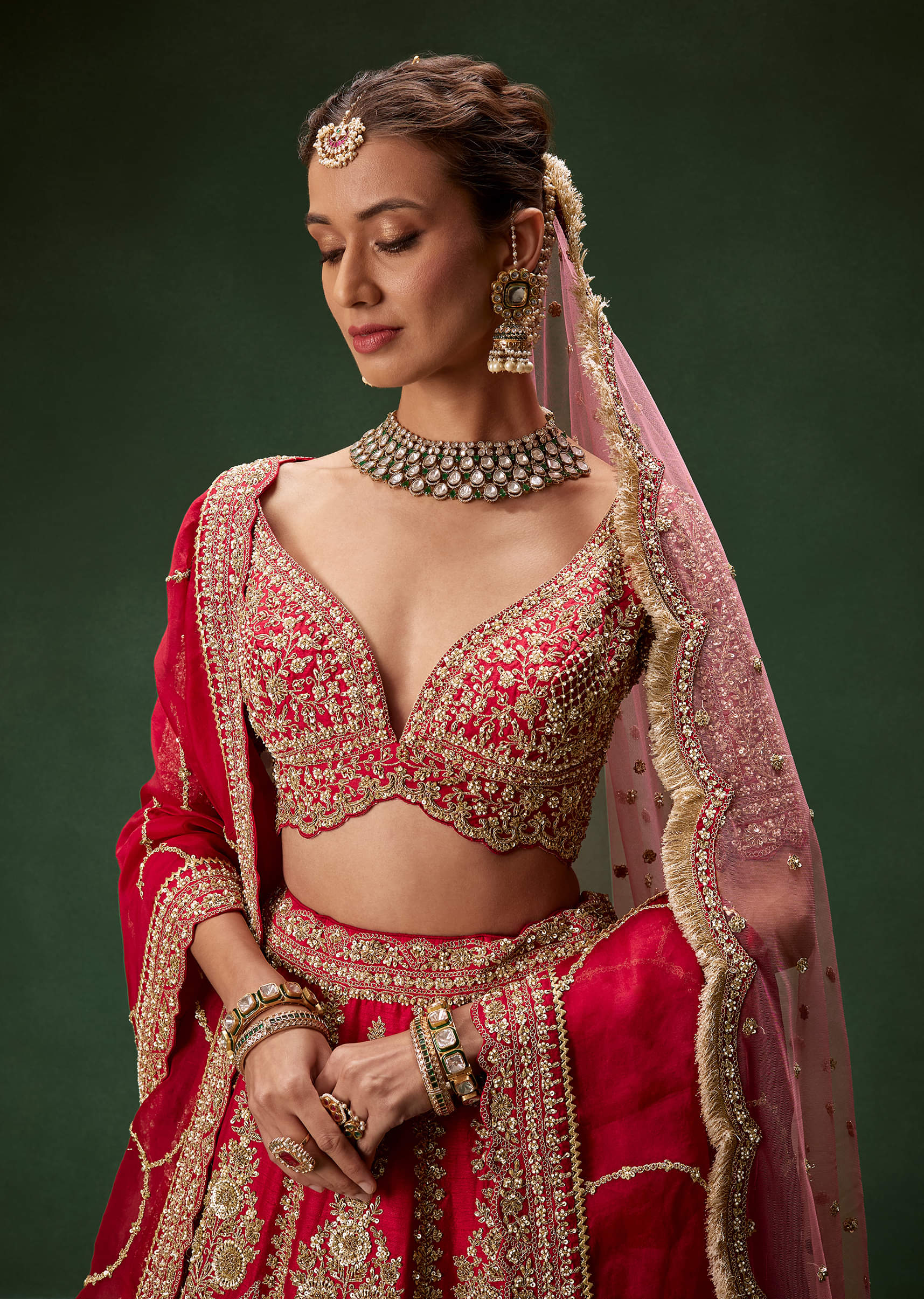 Indian Red Zari Dori Sequin Net Bridal Lehenga (3-Piece) - Image 4