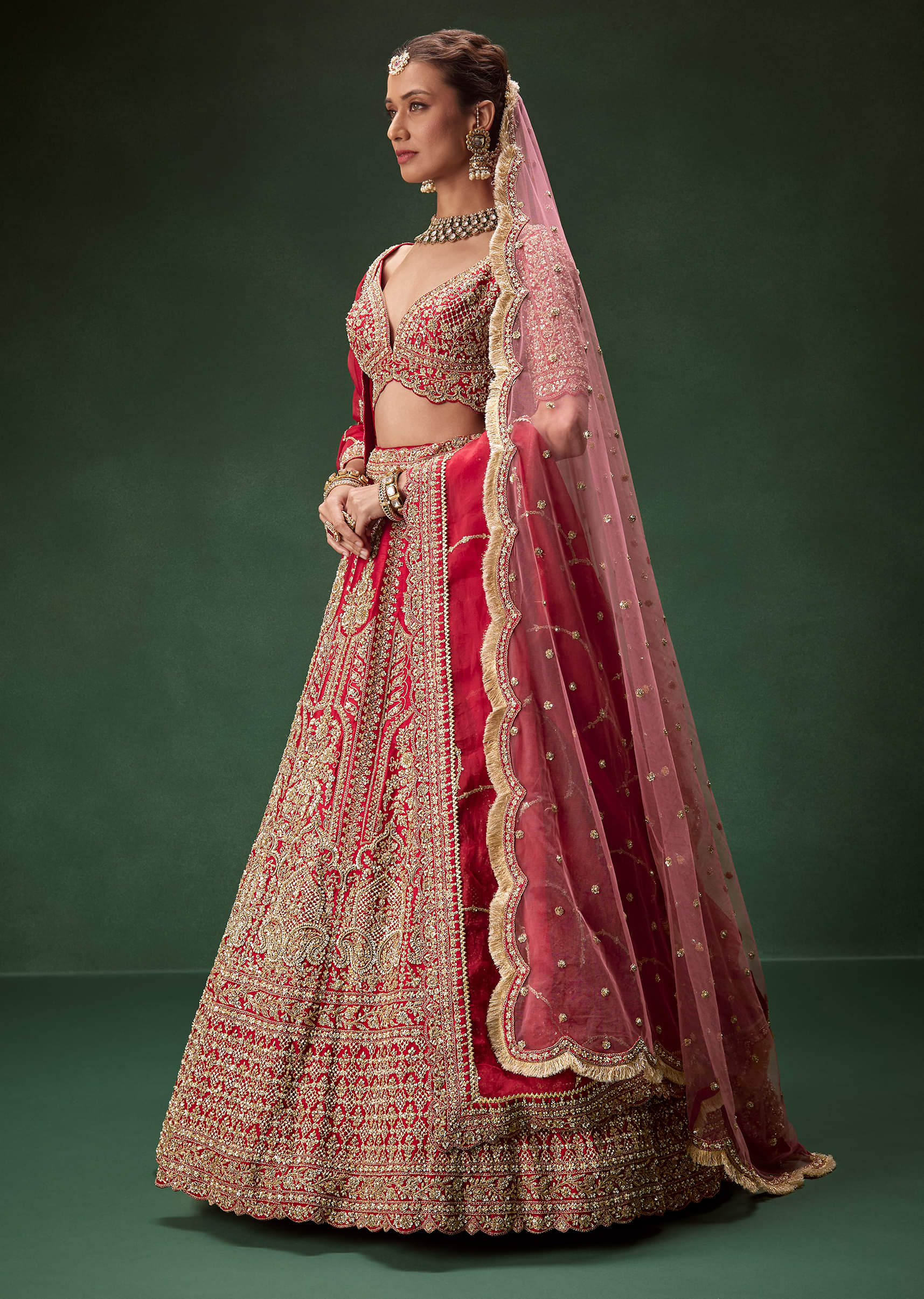 Indian Red Zari Dori Sequin Net Bridal Lehenga (3-Piece) - Image 5