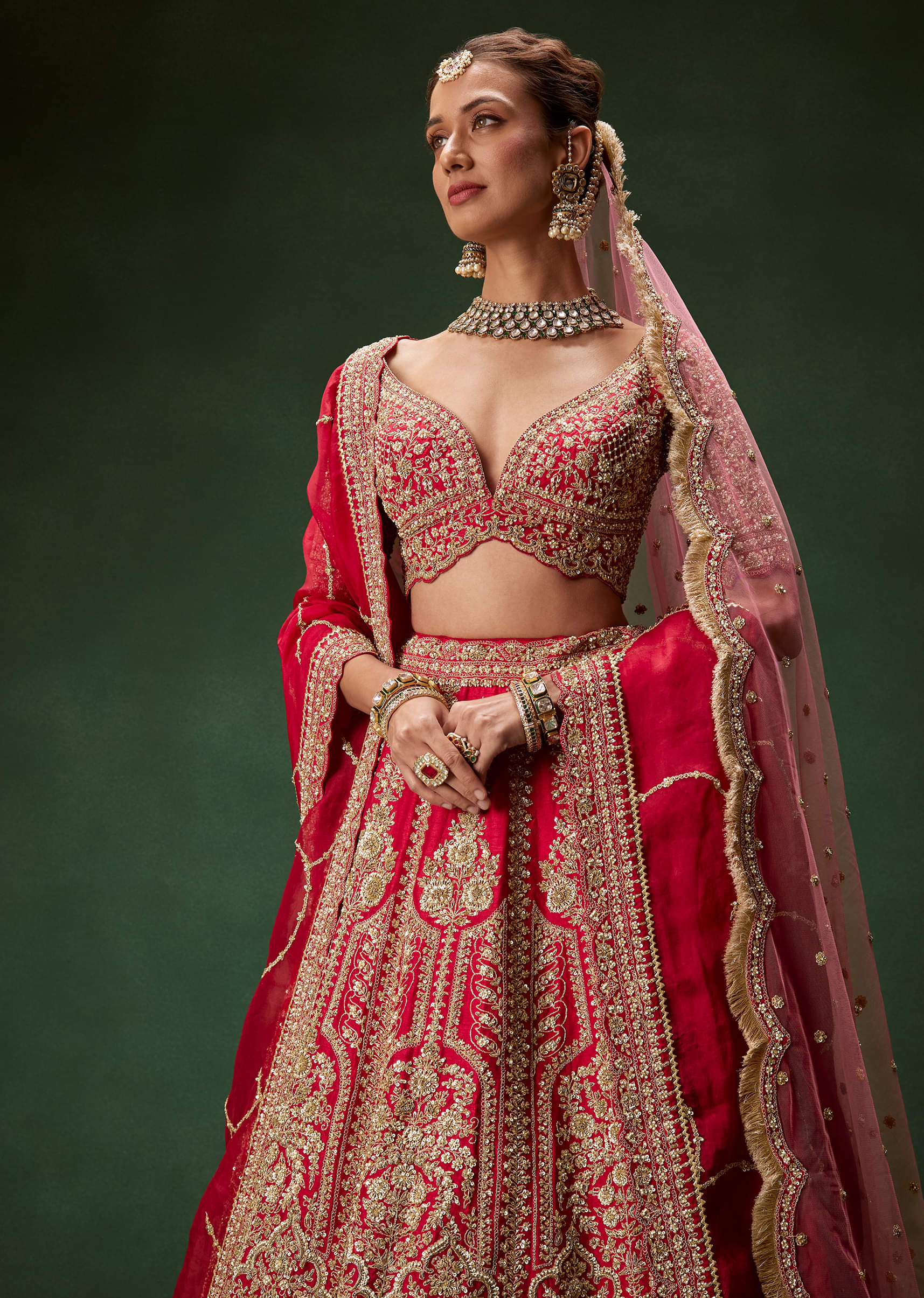 Indian Red Zari Dori Sequin Net Bridal Lehenga (3-Piece) - Image 6