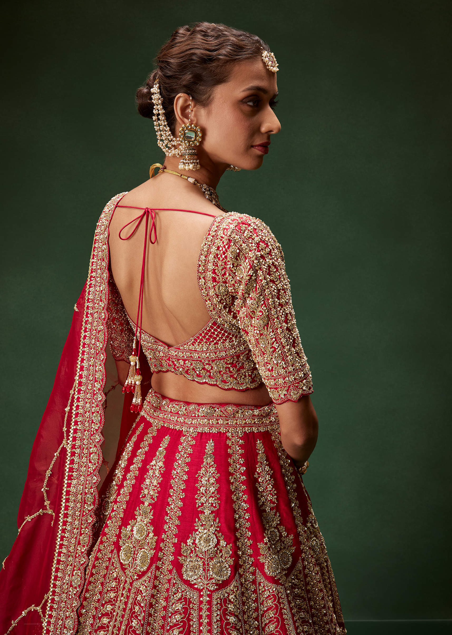Indian Red Zari Dori Sequin Net Bridal Lehenga (3-Piece) - Image 7
