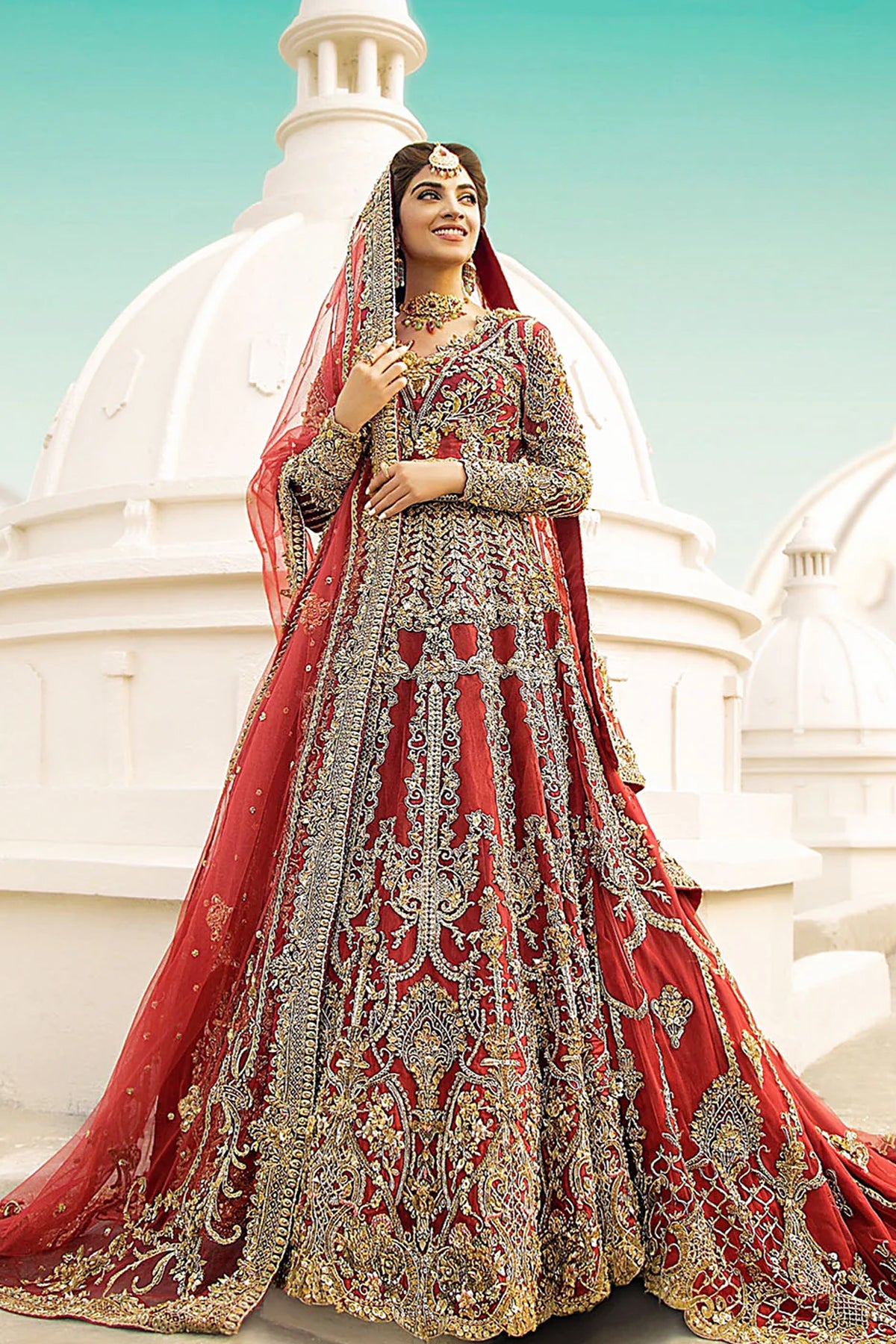 Pakistani Deep Red Embroidered Net Bridal Lehenga (3-Piece) - Image 1