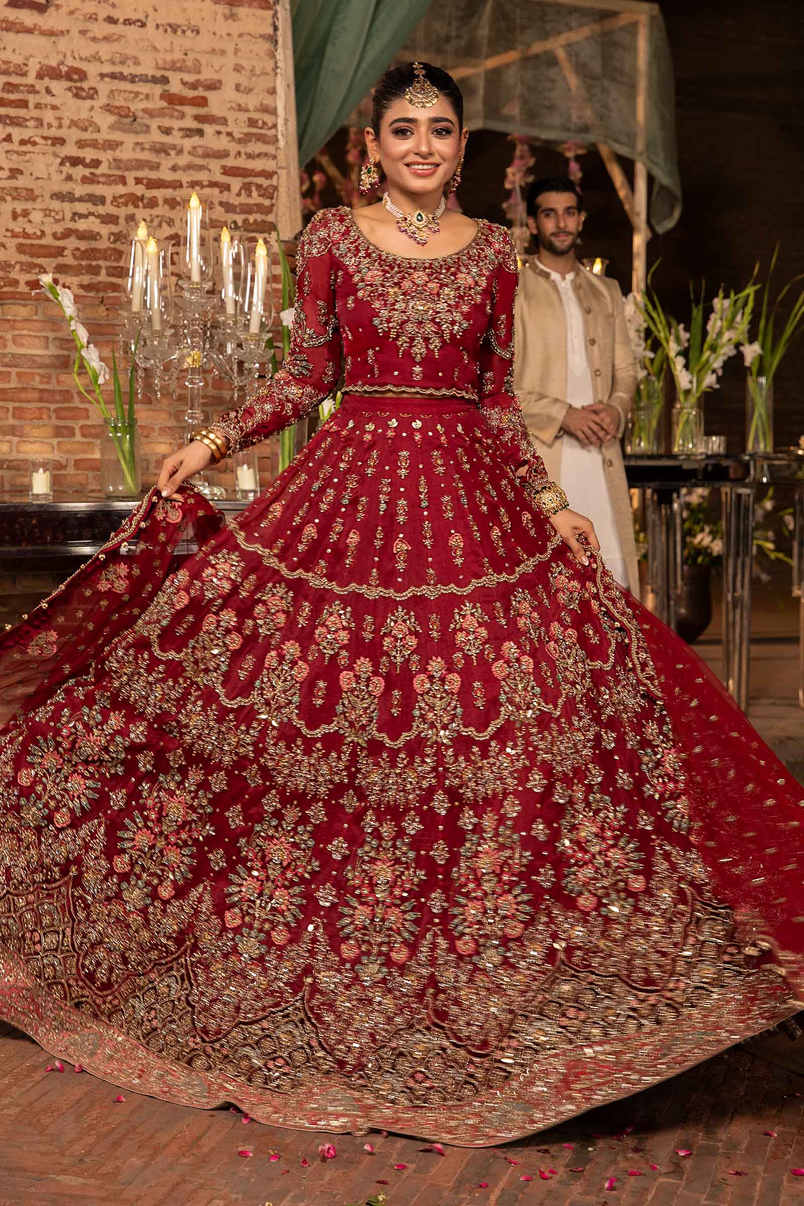 Deep Red Embroidered Organza & Net Bridal Lehenga Choli (3-Piece) - Image 1